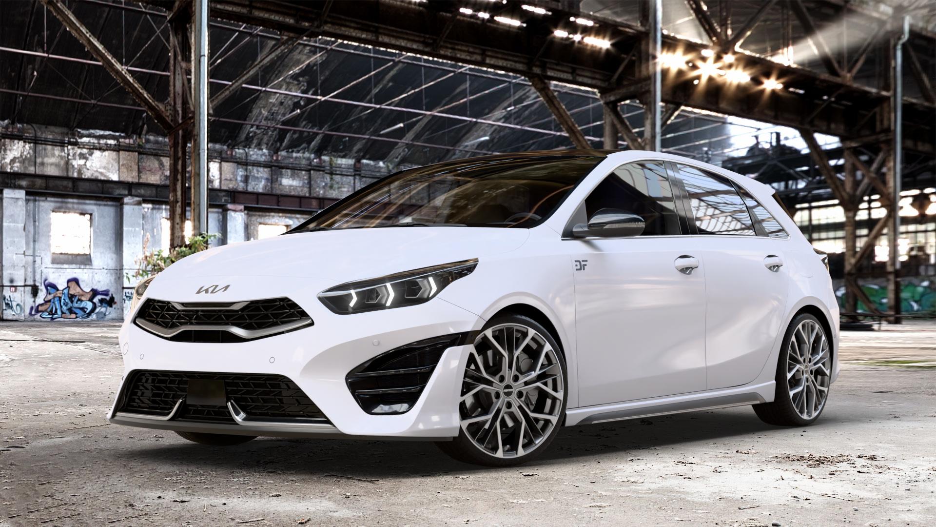 GMP Italia MATISSE Anthr. matt diamond Felge mit Reifen grau anthrazit in 19Zoll Winterfelge Alufelge auf weissem Kia Ceed Schrägheck Typ CD Facelift 1,0l T-GDI 88kW Mild-Hybrid (120 PS) 74kW (101 1,5l 118kW (160 1,6l 150kW GT (204 CRDi 100kW (136 103kW (140 ⬇️ mit 15mm Tieferlegung ⬇️ Old Industrial Hall_max_4400mm_2024 Frontansicht_1