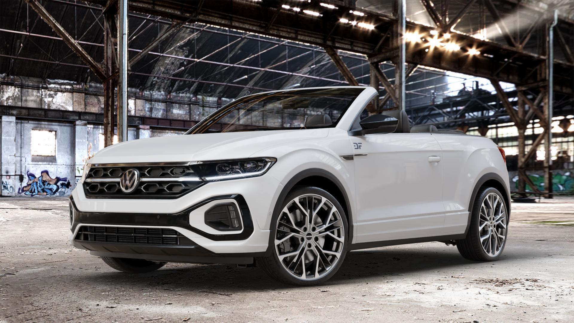 GMP Italia MATISSE Anthr. matt diamond Felge mit Reifen grau anthrazit in 20Zoll Winterfelge Alufelge auf weissem Volkswagen (VW) T-Roc Cabrio Facelift ⬇️ mit 15mm Tieferlegung ⬇️ Old Industrial Hall_max_4400mm_2024 Frontansicht_1
