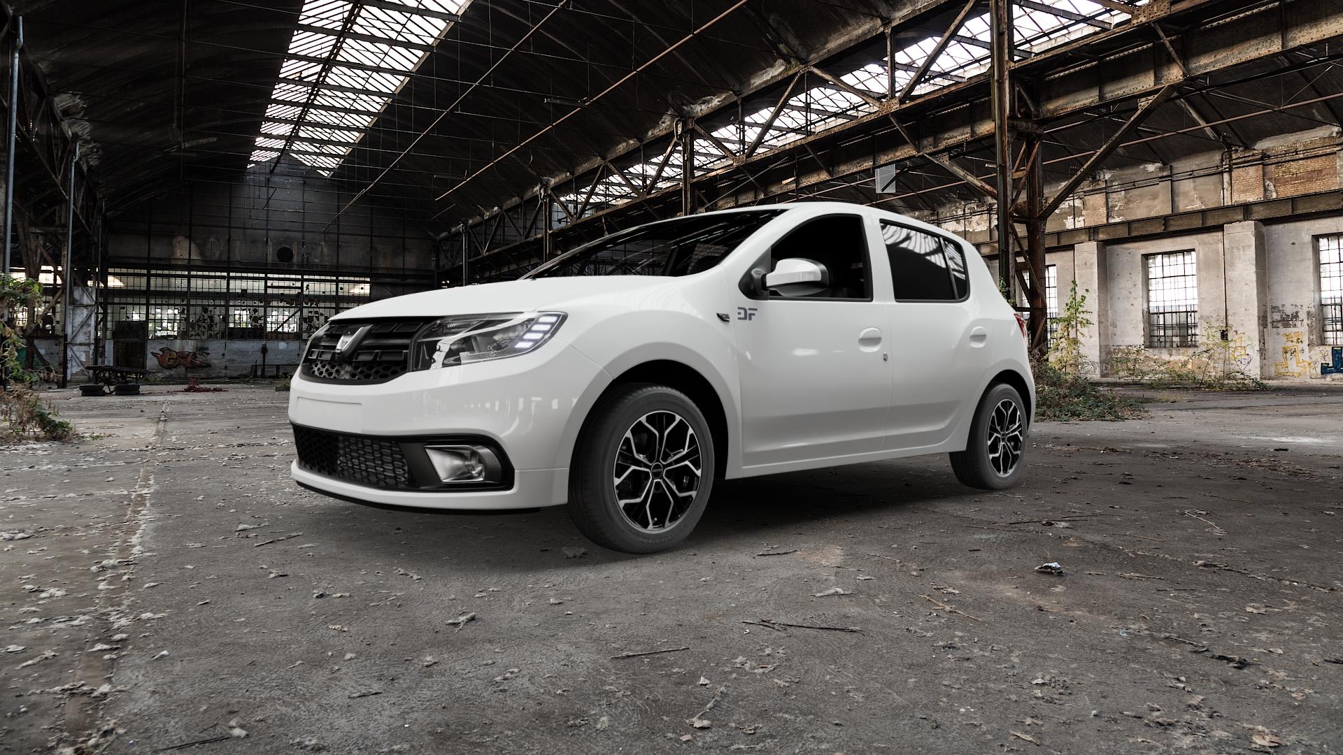 GMP Italia MATISSE Black Diamond Felge mit Reifen schwarz in 15Zoll Winterfelge Alufelge auf weissem Dacia Sandero II Typ SD Facelift ⬇️ mit 15mm Tieferlegung ⬇️ Old Industrial Hall_max5000mm_2022 Frontansicht_1