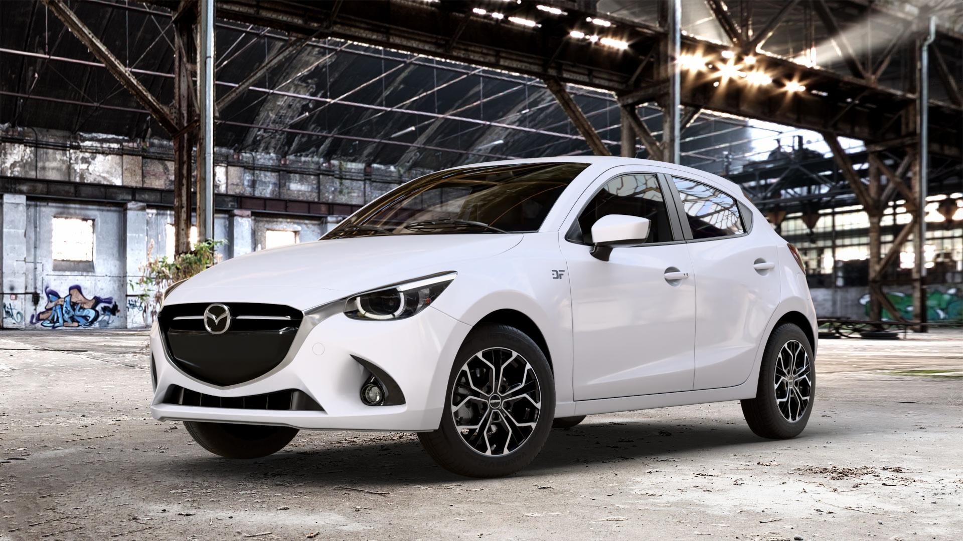 GMP Italia MATISSE Black Diamond Felge mit Reifen schwarz in 15Zoll Winterfelge Alufelge auf weissem Mazda 2 (15-) (DJ) 1,5l SKYACTIV-G 75 55kW (75 PS) 90 66kW (90 115 85kW (116 SKYACTIV-D 105 77kW (105 (20-) Facelift ⬇️ mit 15mm Tieferlegung ⬇️ Old Industrial Hall_max_4400mm_2024 Frontansicht_1