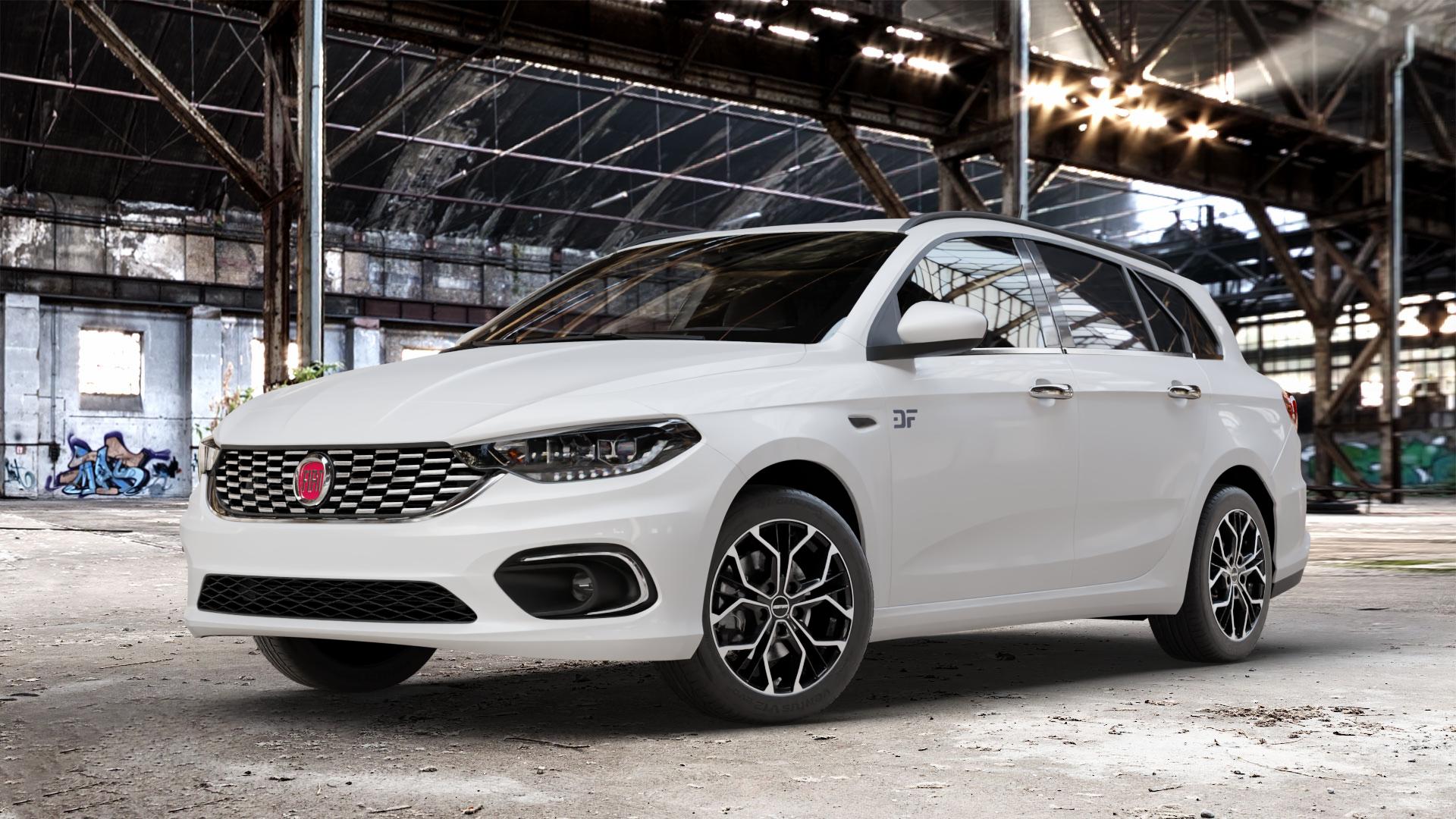 GMP Italia MATISSE Black Diamond Felge mit Reifen schwarz in 16Zoll Winterfelge Alufelge auf weissem Fiat Tipo II Kombi Typ 356 ⬇️ mit 15mm Tieferlegung ⬇️ Old Industrial Hall_max_4400mm_2024 Frontansicht_1