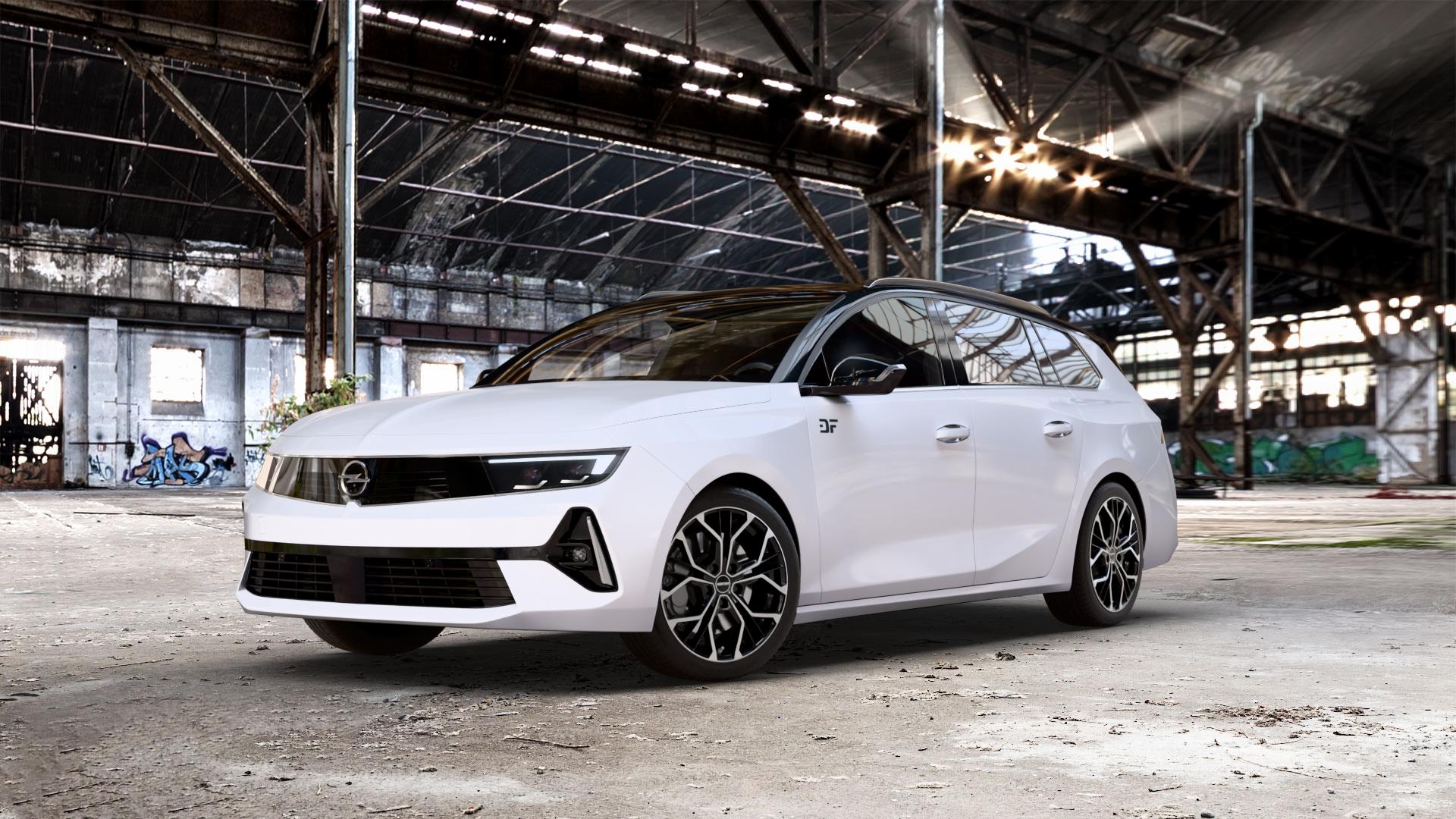 GMP Italia MATISSE Black Diamond Felge mit Reifen schwarz in 17Zoll Winterfelge Alufelge auf weissem Opel Astra L Sports Tourer Typ F Facelift ⬇️ mit 15mm Tieferlegung ⬇️ Old Industrial Hall_max_5300mm_2024 Frontansicht_1