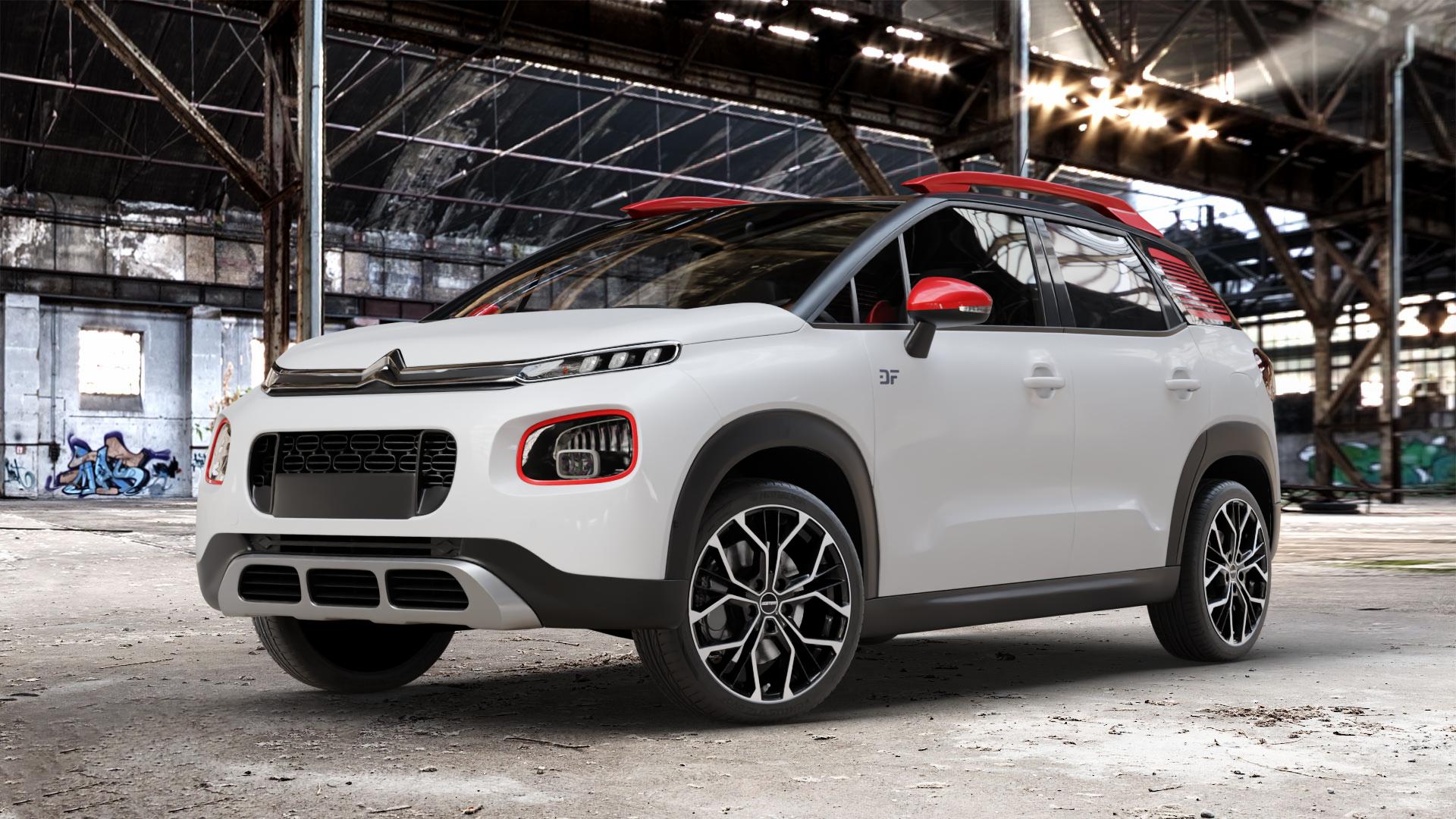 GMP Italia MATISSE Black Diamond Felge mit Reifen schwarz in 18Zoll Winterfelge Alufelge auf weissem Citroen C3 Aircross Typ 2 ⬇️ mit 15mm Tieferlegung ⬇️ Old Industrial Hall_max_4400mm_2024 Frontansicht_1