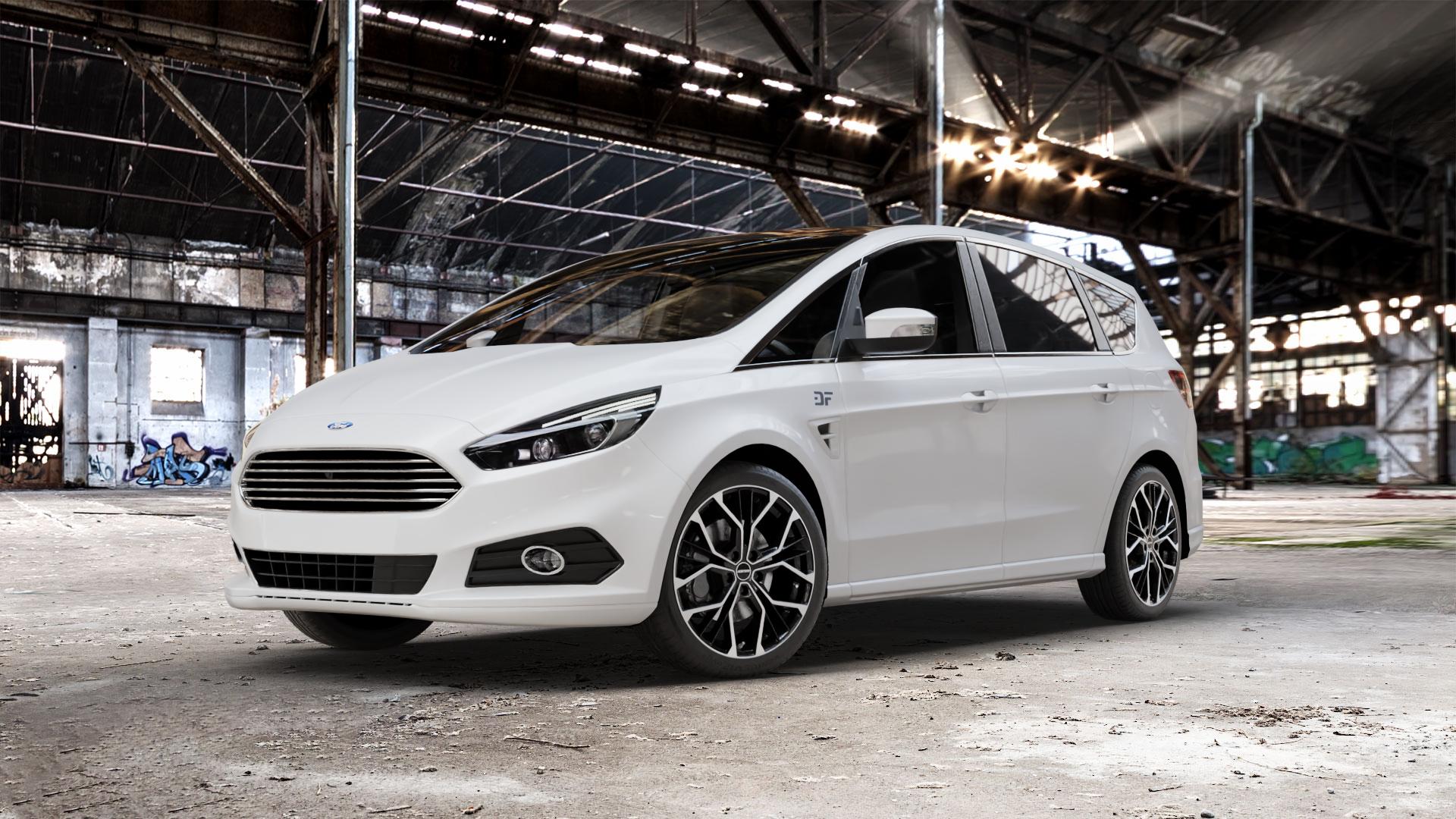 GMP Italia MATISSE Black Diamond Felge mit Reifen schwarz in 19Zoll Winterfelge Alufelge auf weissem Ford S-Max Typ WA6 Facelift (15->) ⬇️ mit 15mm Tieferlegung ⬇️ Old Industrial Hall_max_5300mm_2024 Frontansicht_1