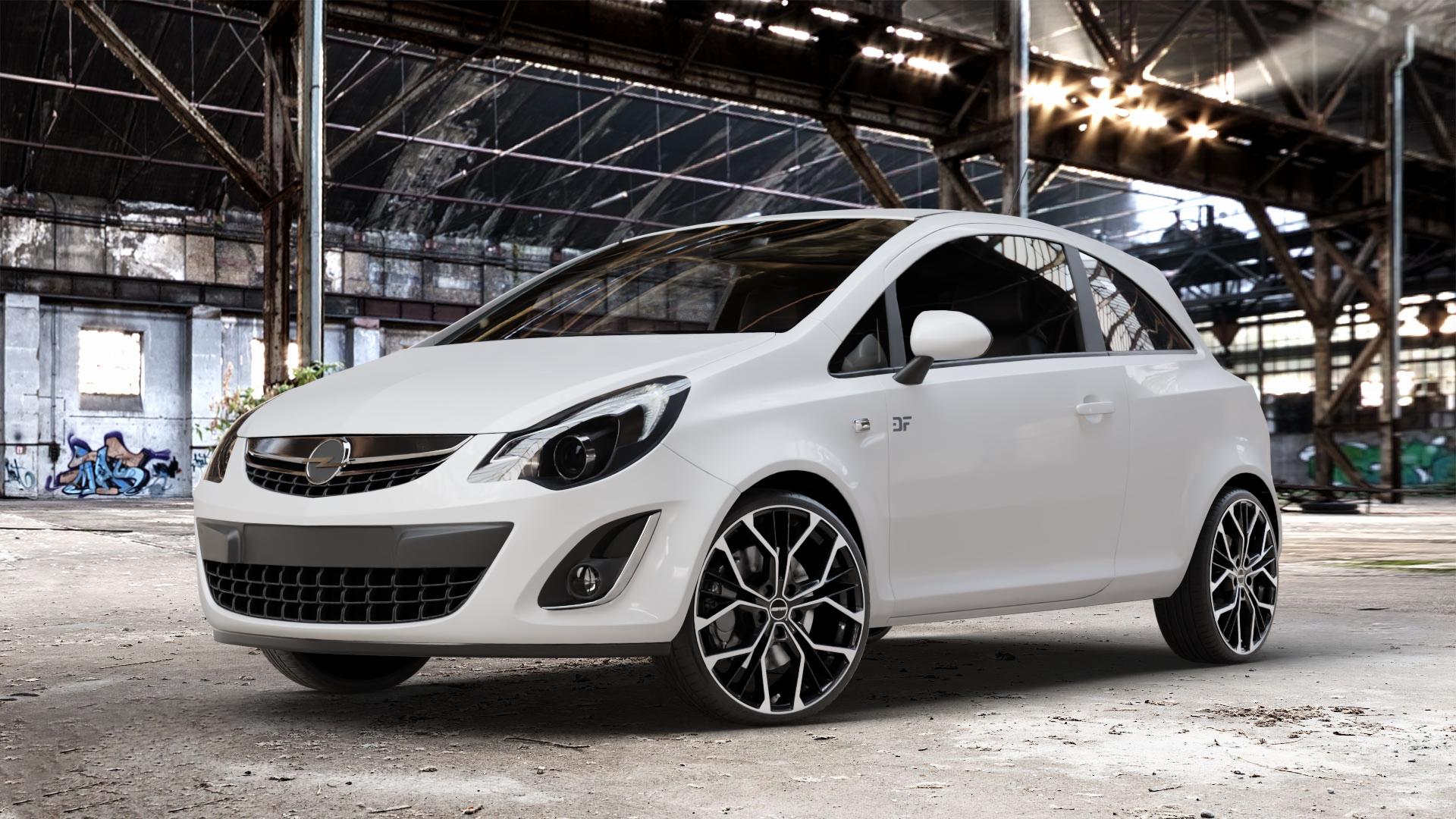 GMP Italia MATISSE Black Diamond Felge mit Reifen schwarz in 19Zoll Winterfelge Alufelge auf weissem Opel Corsa D Typ S-D Facelift ⬇️ mit 15mm Tieferlegung ⬇️ Old Industrial Hall_max_4400mm_2024 Frontansicht_1