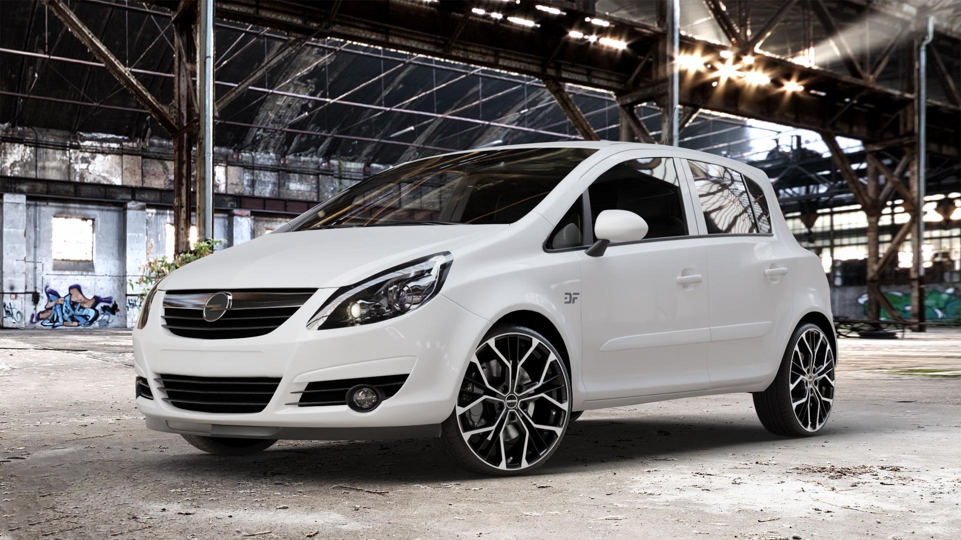 GMP Italia MATISSE Black Diamond Felge mit Reifen schwarz in 19Zoll Winterfelge Alufelge auf weissem Opel Corsa D Typ S-D ⬇️ mit 15mm Tieferlegung ⬇️ Old Industrial Hall_max_4400mm_2024 Frontansicht_1