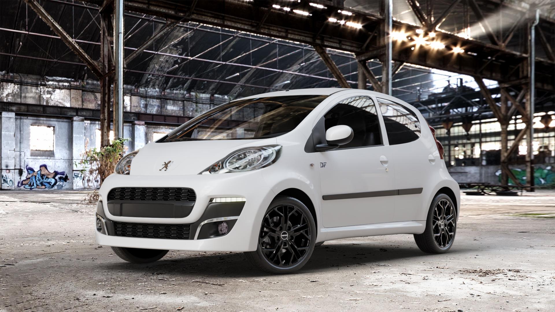 GMP Italia MATISSE Black glossy Felge mit Reifen schwarz in 15Zoll Winterfelge Alufelge auf weissem Peugeot 107 ⬇️ mit 15mm Tieferlegung ⬇️ Old Industrial Hall_max_4400mm_2024 Frontansicht_1