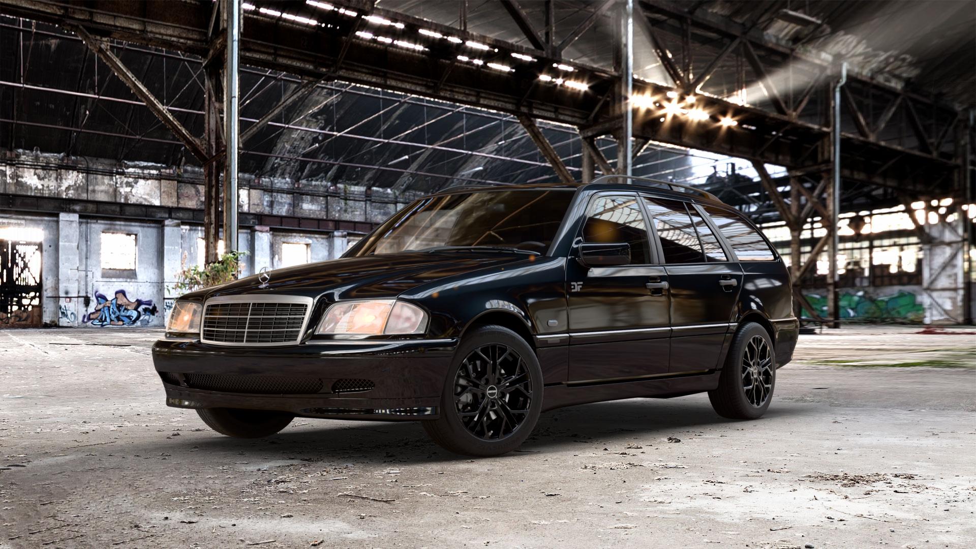 GMP Italia MATISSE Black glossy Felge mit Reifen schwarz in 16Zoll Winterfelge Alufelge auf metallic schwarzem Mercedes C-Klasse Typ S202 Kombi ⬇️ mit 15mm Tieferlegung ⬇️ Old Industrial Hall_max_5300mm_2024 Frontansicht_1