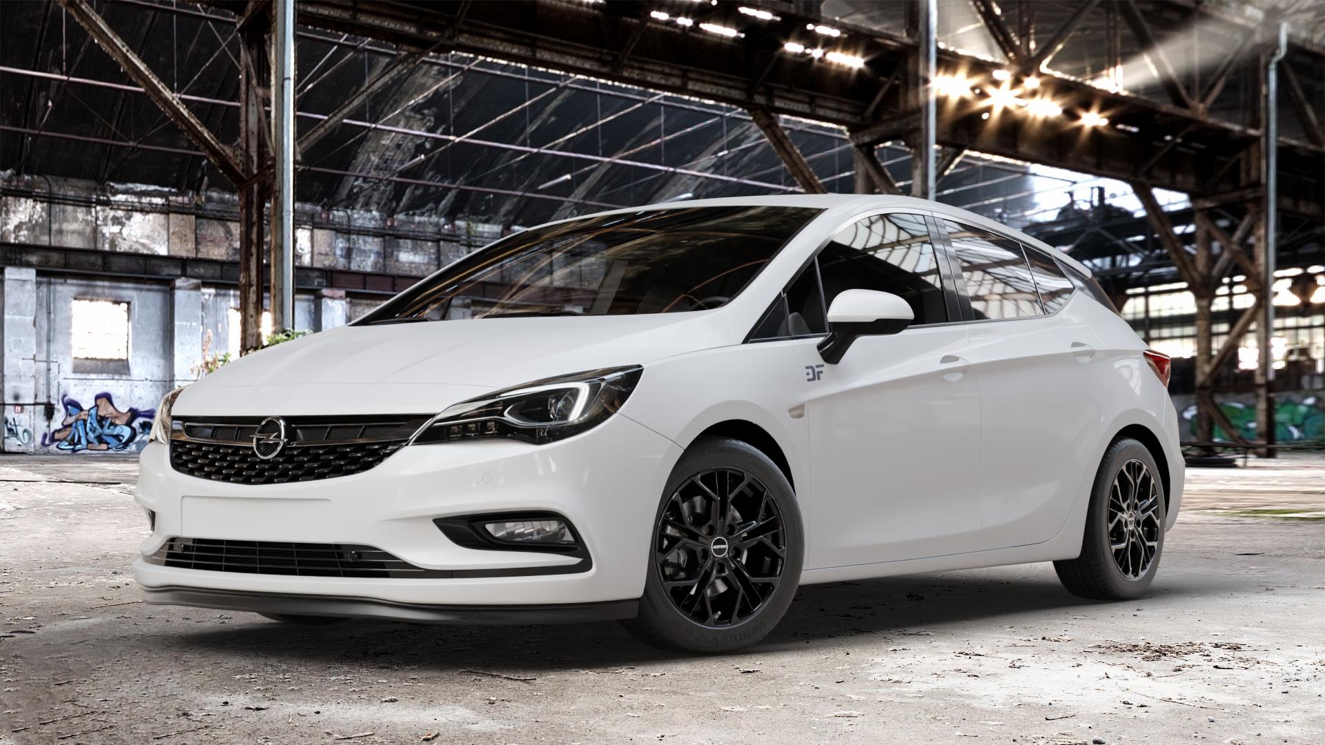 GMP Italia MATISSE Black glossy Felge mit Reifen schwarz in 16Zoll Winterfelge Alufelge auf weissem Opel Astra K Typ B-K ⬇️ mit 15mm Tieferlegung ⬇️ Old Industrial Hall_max_4400mm_2024 Frontansicht_1