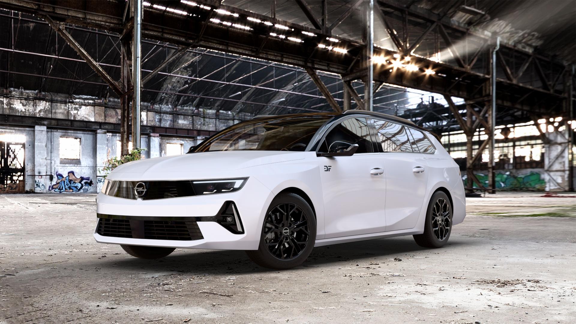 GMP Italia MATISSE Black glossy Felge mit Reifen schwarz in 16Zoll Winterfelge Alufelge auf weissem Opel Astra L Sports Tourer Typ F Facelift ⬇️ mit 15mm Tieferlegung ⬇️ Old Industrial Hall_max_5300mm_2024 Frontansicht_1