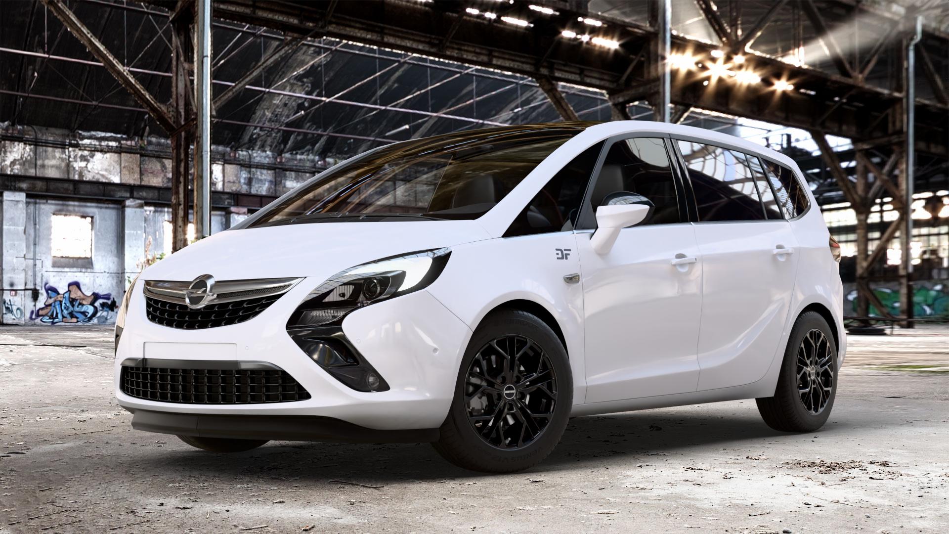 GMP Italia MATISSE Black glossy Felge mit Reifen schwarz in 16Zoll Winterfelge Alufelge auf weissem Opel Zafira C Tourer ⬇️ mit 15mm Tieferlegung ⬇️ Old Industrial Hall_max_4400mm_2024 Frontansicht_1