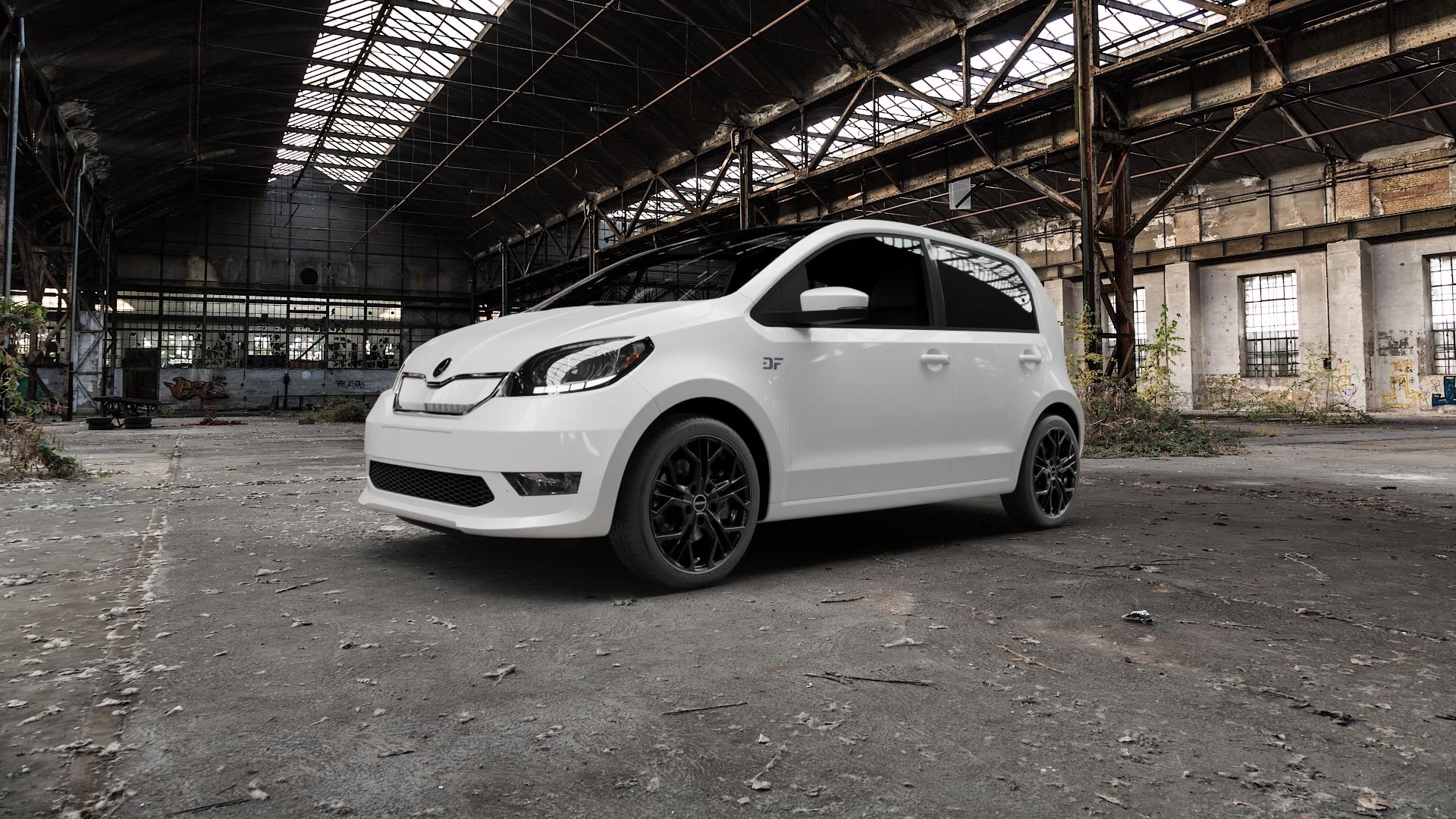 GMP Italia MATISSE Black glossy Felge mit Reifen schwarz in 16Zoll Winterfelge Alufelge auf weissem Skoda Citigo-e iV Typ AA ⬇️ mit 15mm Tieferlegung ⬇️ Old Industrial Hall_max5000mm_2022 Frontansicht_1