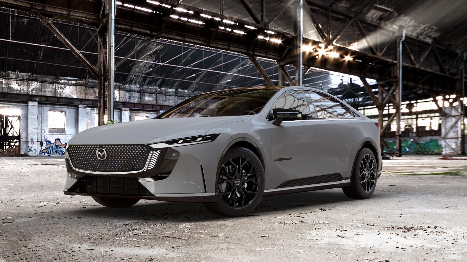 GMP Italia MATISSE Black glossy Felge mit Reifen schwarz in 18Zoll Winterfelge Alufelge auf schwarzem Mazda 6e (GN) 0,0l 60kW (82 PS) 100kW (136 6 ⬇️ mit 15mm Tieferlegung ⬇️ Old Industrial Hall_max_5300mm_2024 Frontansicht_1