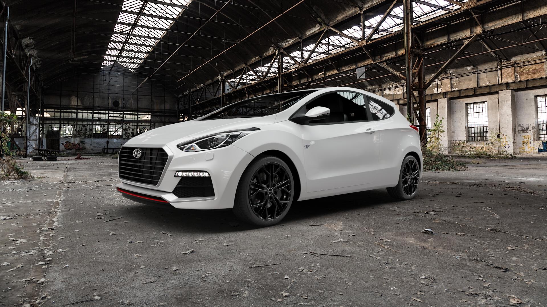 GMP Italia MATISSE Black glossy Felge mit Reifen schwarz in 18Zoll Winterfelge Alufelge auf weissem Hyundai i30 Typ GDH Coupe Facelift ⬇️ mit 15mm Tieferlegung ⬇️ Old Industrial Hall_max5000mm_2022 Frontansicht_1