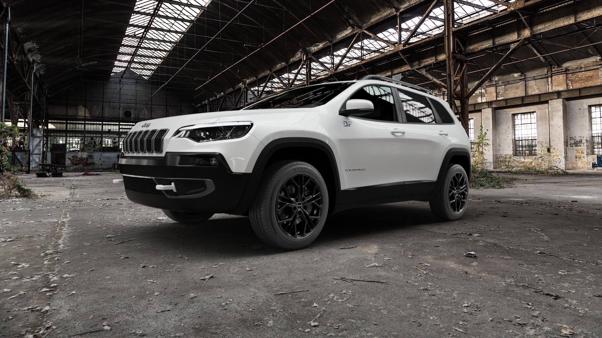 GMP Italia MATISSE Black glossy Felge mit Reifen schwarz in 18Zoll Winterfelge Alufelge auf weissem Jeep Cherokee Typ KL Facelift ⬇️ mit 15mm Tieferlegung ⬇️ Old Industrial Hall_max5000mm_2022 Frontansicht_1