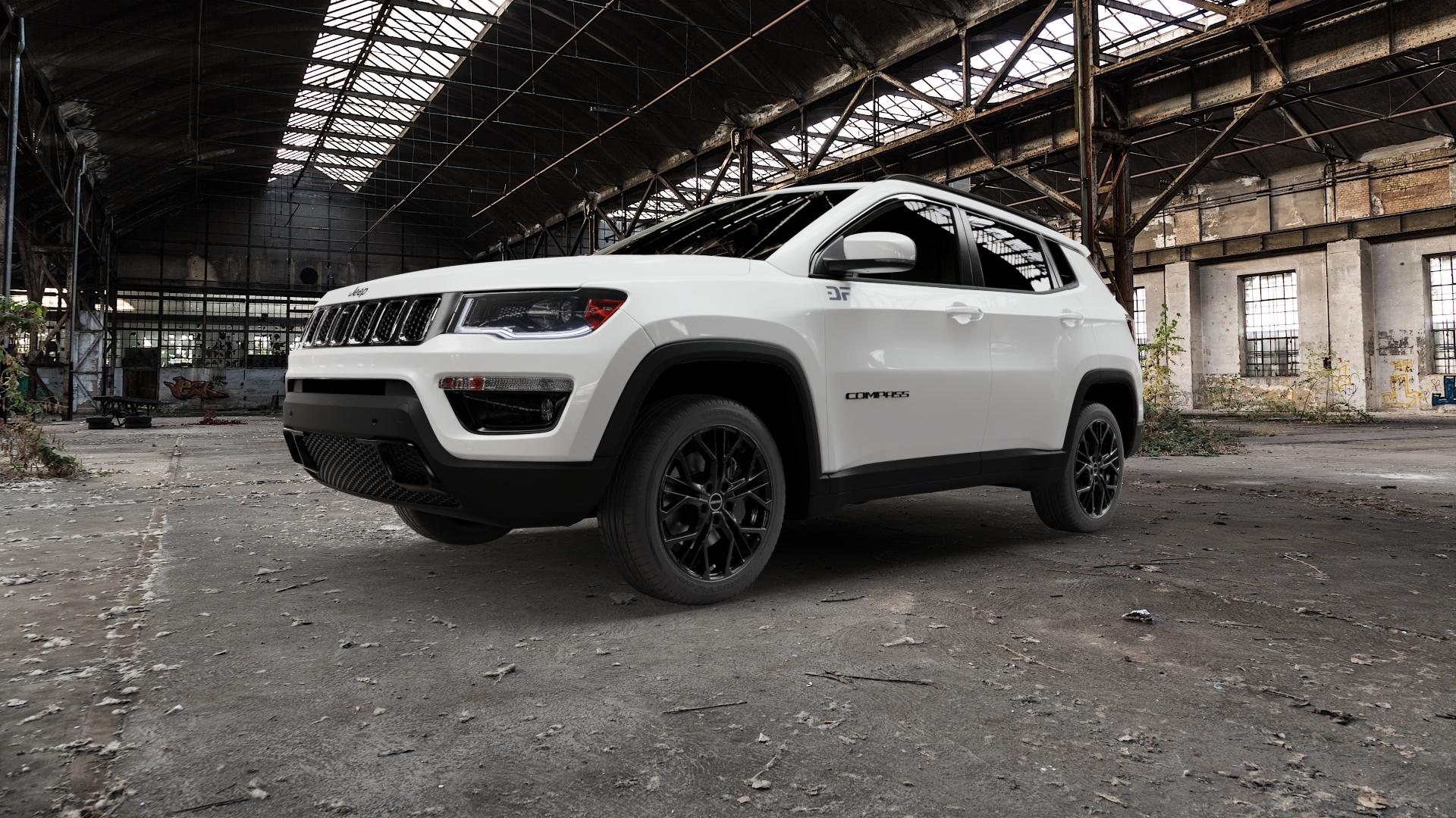 GMP Italia MATISSE Black glossy Felge mit Reifen schwarz in 18Zoll Winterfelge Alufelge auf weissem Jeep Compass III Typ MX ⬇️ mit 15mm Tieferlegung ⬇️ Old Industrial Hall_max5000mm_2022 Frontansicht_1