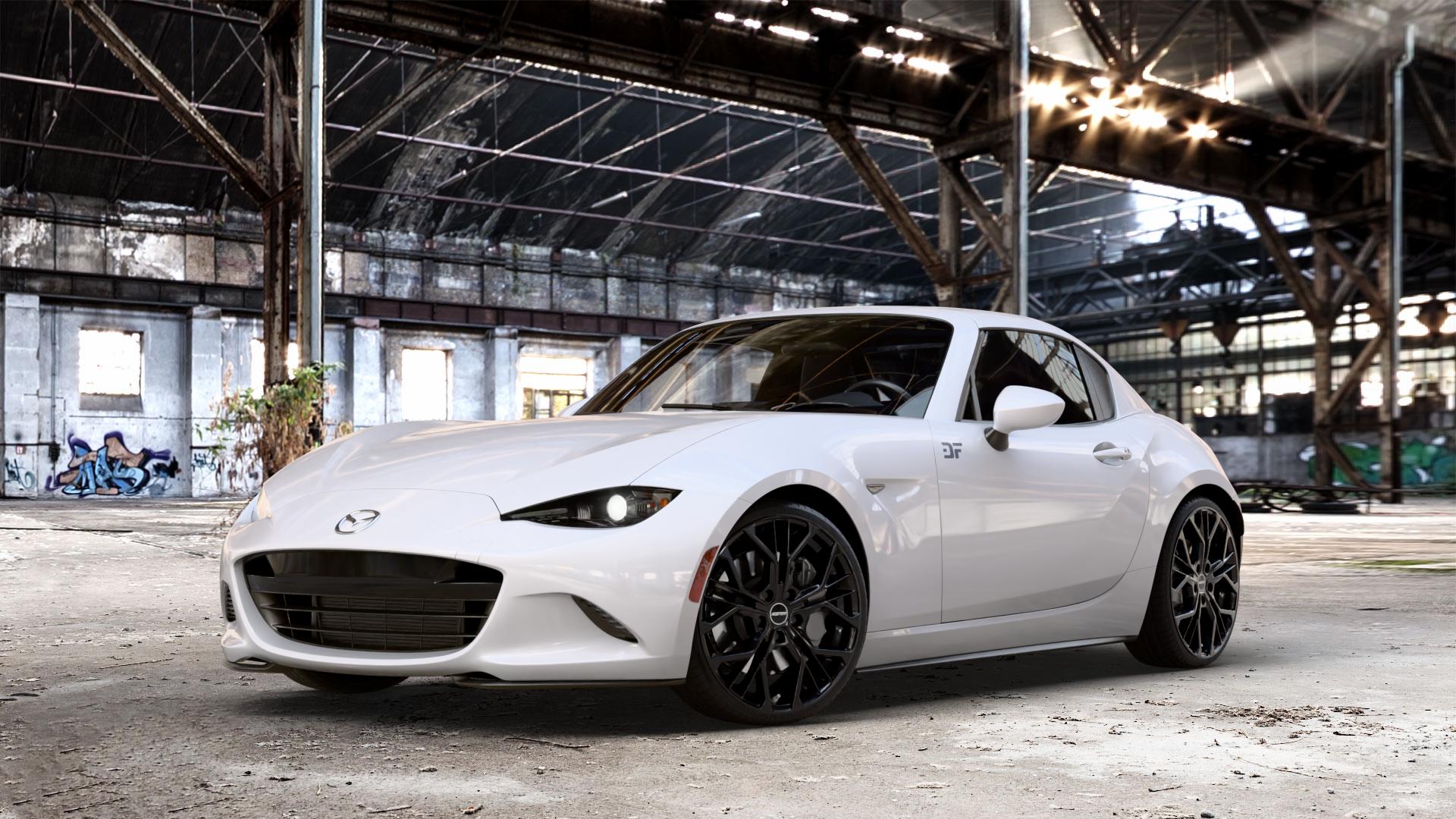 GMP Italia MATISSE Black glossy Felge mit Reifen schwarz in 18Zoll Winterfelge Alufelge auf weissem Mazda MX-5 IV RF (ND) ⬇️ mit 15mm Tieferlegung ⬇️ Old Industrial Hall_max_4400mm_2024 Frontansicht_1