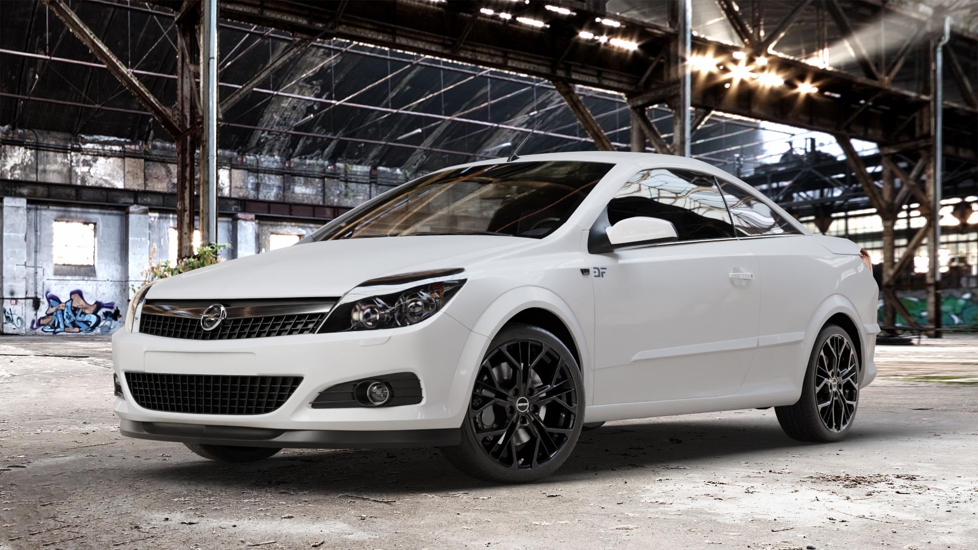 GMP Italia MATISSE Black glossy Felge mit Reifen schwarz in 18Zoll Winterfelge Alufelge auf weissem Opel Astra H Twin Top Typ A-H/C ⬇️ mit 15mm Tieferlegung ⬇️ Old Industrial Hall_max_4400mm_2024 Frontansicht_1