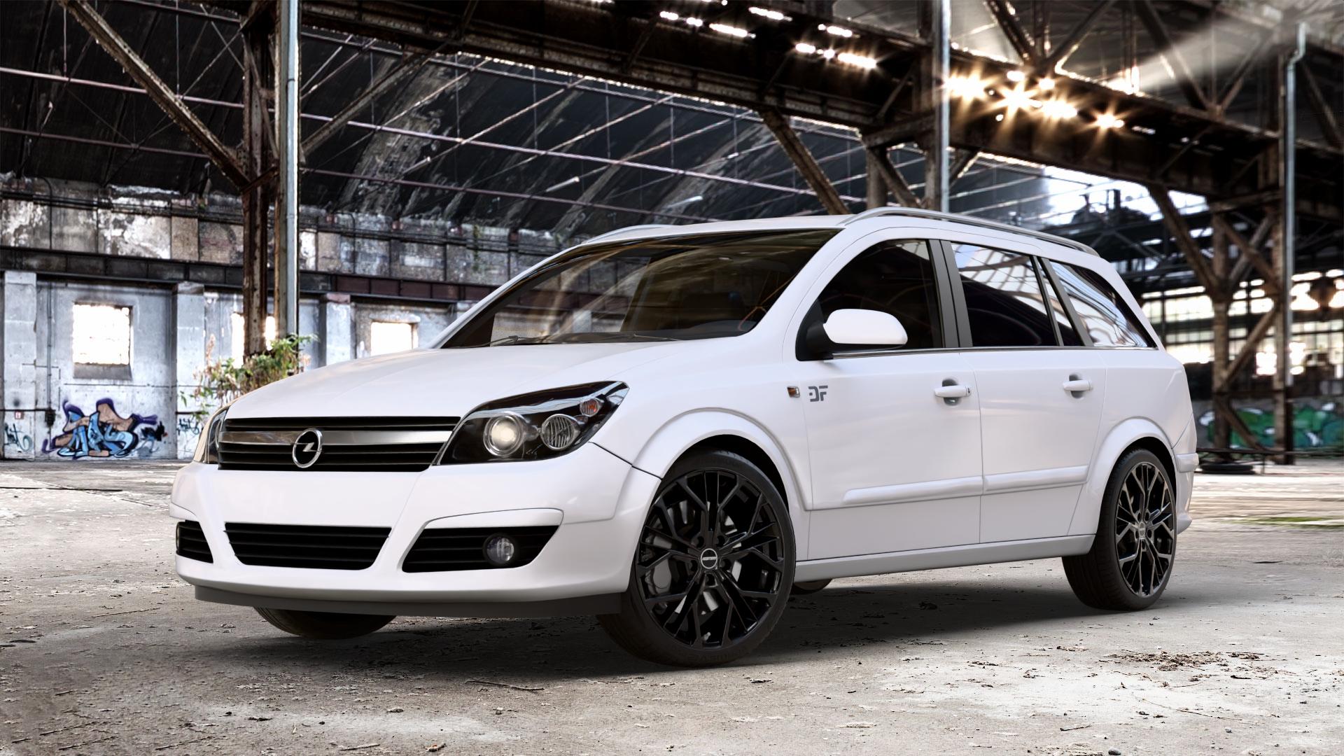 GMP Italia MATISSE Black glossy Felge mit Reifen schwarz in 18Zoll Winterfelge Alufelge auf weissem Opel Astra H Typ A-H Caravan A-H/SW ⬇️ mit 15mm Tieferlegung ⬇️ Old Industrial Hall_max_4400mm_2024 Frontansicht_1