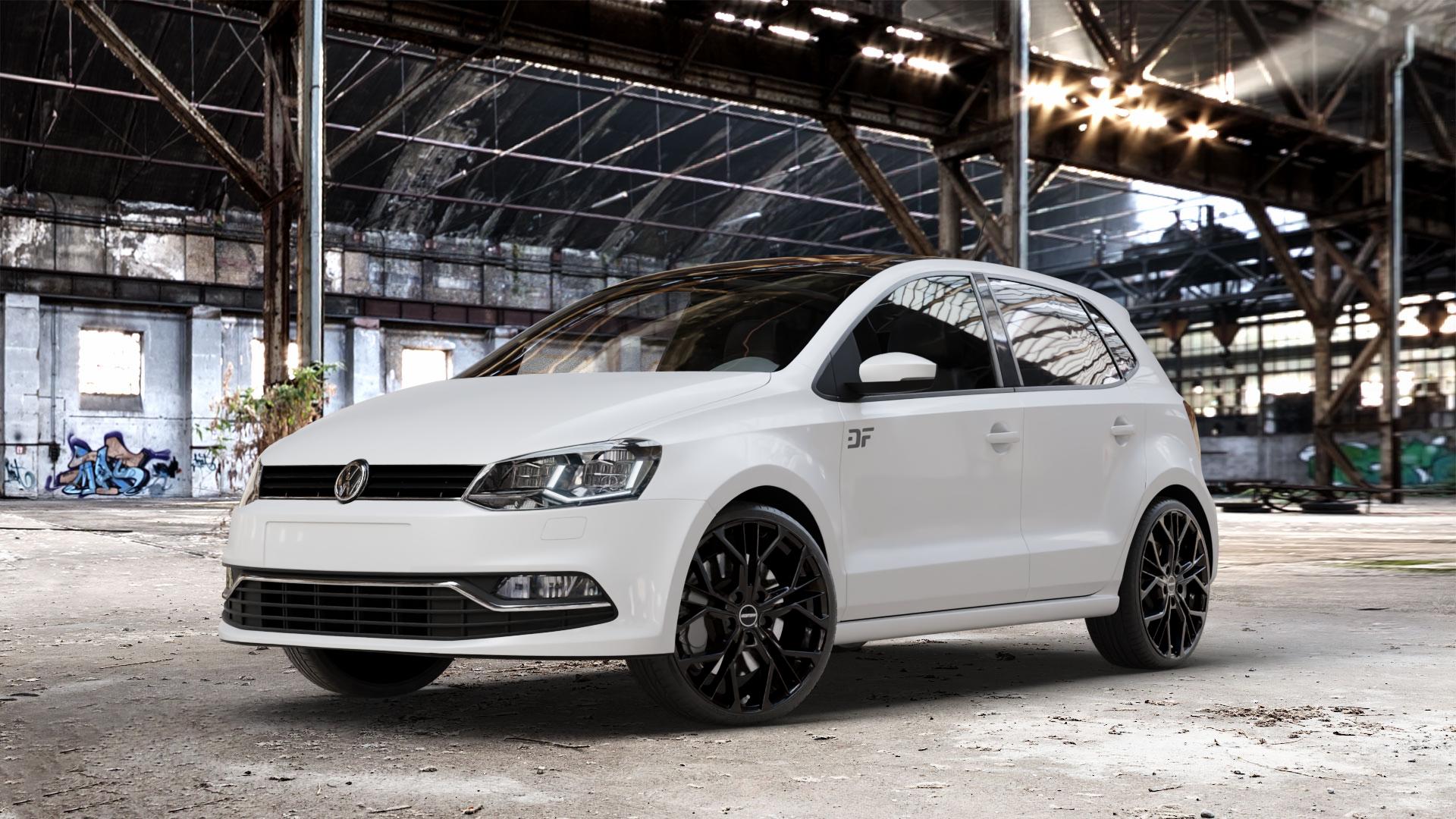 GMP Italia MATISSE Black glossy Felge mit Reifen schwarz in 18Zoll Winterfelge Alufelge auf weissem Volkswagen (VW) Polo V Typ 6C ⬇️ mit 15mm Tieferlegung ⬇️ Old Industrial Hall_max_4400mm_2024 Frontansicht_1