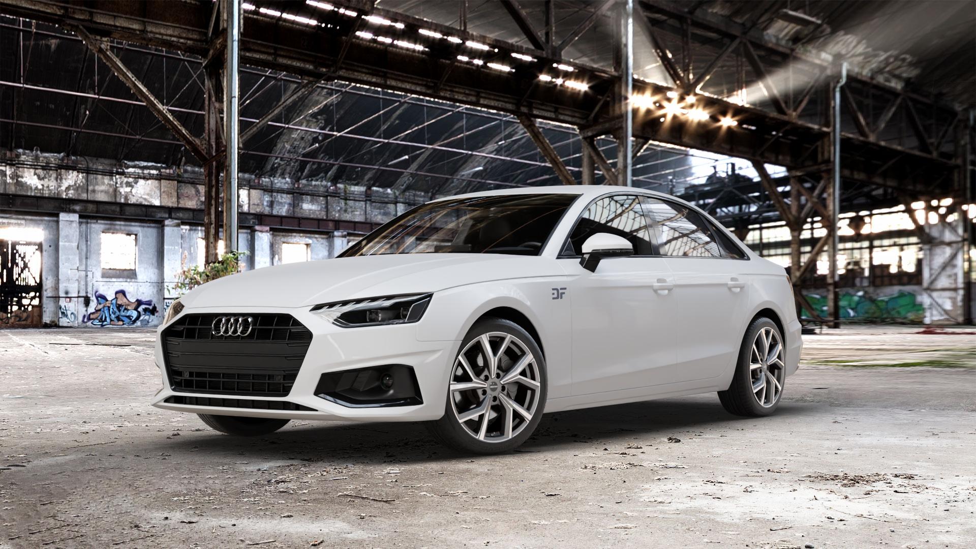 GMP Italia Mentor Anthr. matt diamond Felge mit Reifen grau anthrazit in 18Zoll Winterfelge Alufelge auf weissem Audi A4 Typ B9 (Limousine) Facelift ⬇️ mit 15mm Tieferlegung ⬇️ Old Industrial Hall_max_5300mm_2024 Frontansicht_1