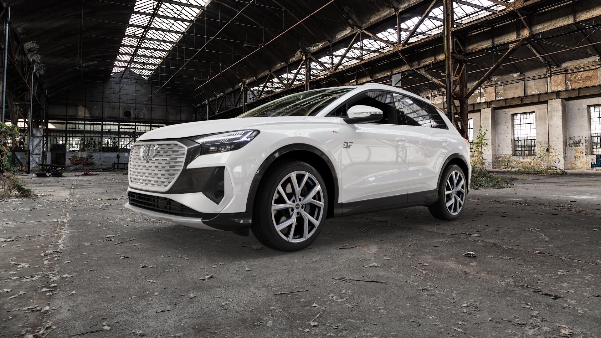 GMP Italia Mentor Anthr. matt diamond Felge mit Reifen grau anthrazit in 20Zoll Winterfelge Alufelge auf weissem Audi Q4 Typ FZ ⬇️ mit 15mm Tieferlegung ⬇️ Old Industrial Hall_max5000mm_2022 Frontansicht_1