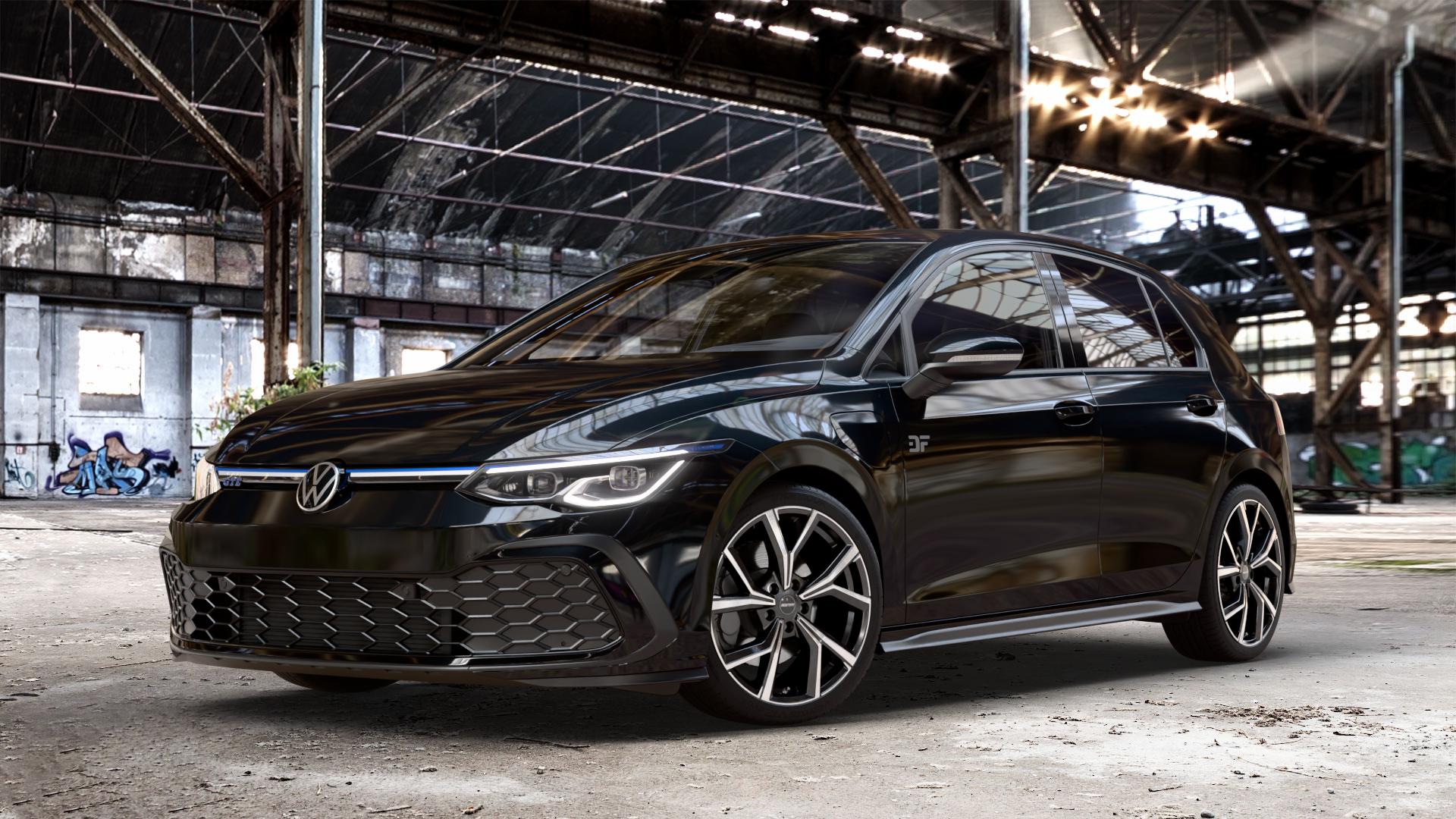 GMP Italia Mentor Black Diamond Felge mit Reifen schwarz in 18Zoll Winterfelge Alufelge auf schwarzem metallic Volkswagen (VW) Golf 8 1,4l GTE 110kW Hybrid (150 PS) ⬇️ mit 15mm Tieferlegung ⬇️ Old Industrial Hall_max_4400mm_2024 Frontansicht_1