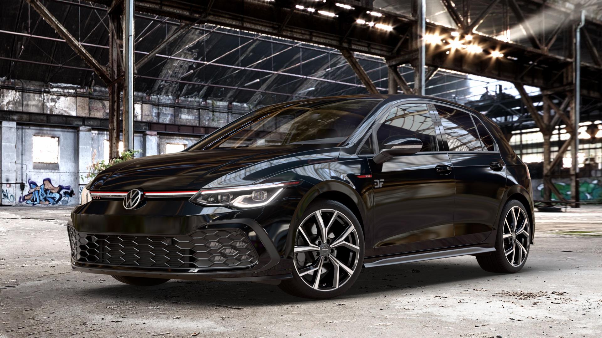 GMP Italia Mentor Black Diamond Felge mit Reifen schwarz in 18Zoll Winterfelge Alufelge auf schwarzem metallic Volkswagen (VW) Golf 8 2,0l GTI 180kW (245 PS) ⬇️ mit 15mm Tieferlegung ⬇️ Old Industrial Hall_max_4400mm_2024 Frontansicht_1