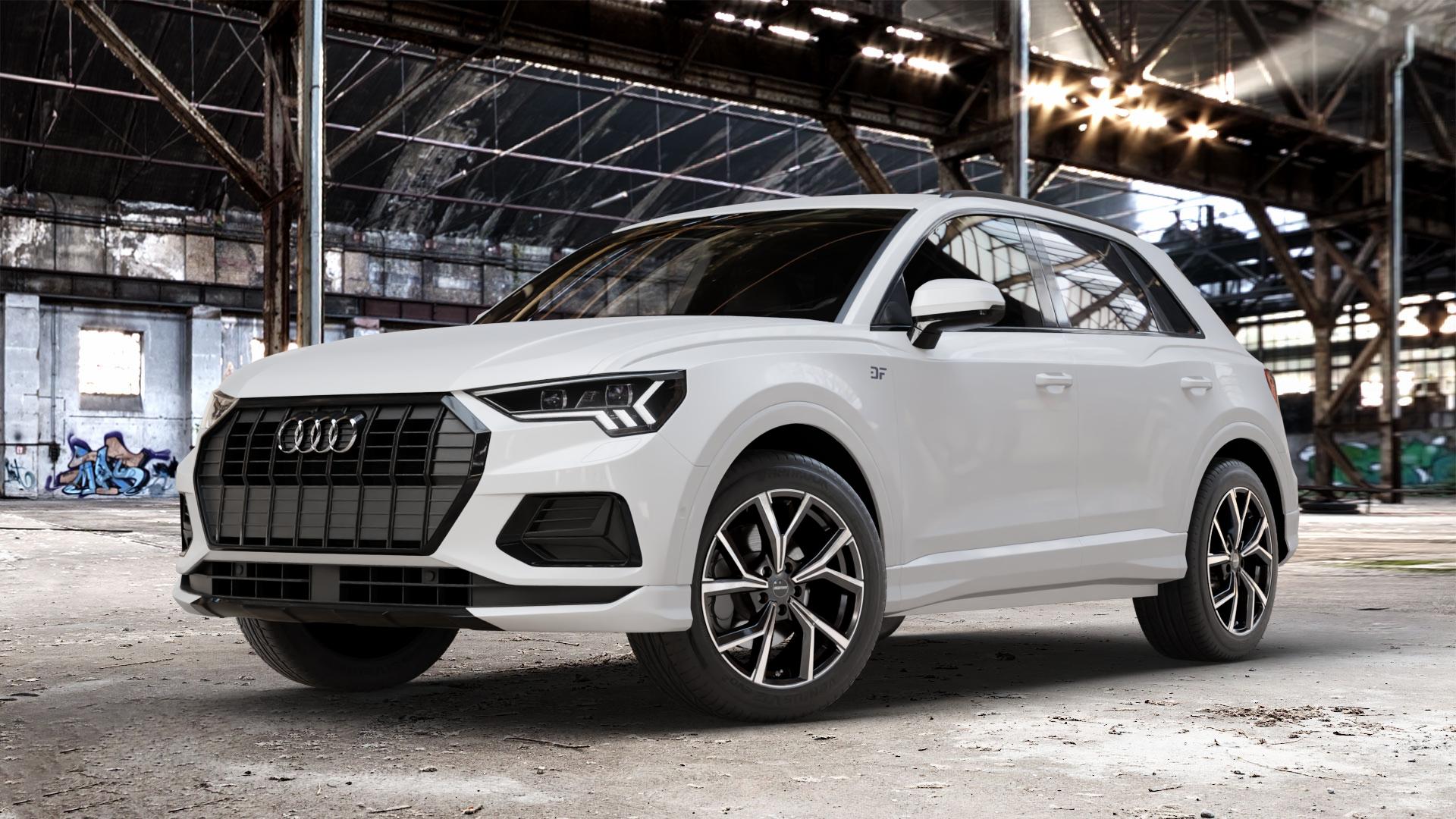 GMP Italia Mentor Black diamond Felge mit Reifen schwarz in 18Zoll Winterfelge Alufelge auf weissem Audi Q3 II Typ F3 ⬇️ mit 15mm Tieferlegung ⬇️ Old Industrial Hall_max_4400mm_2024 Frontansicht_1
