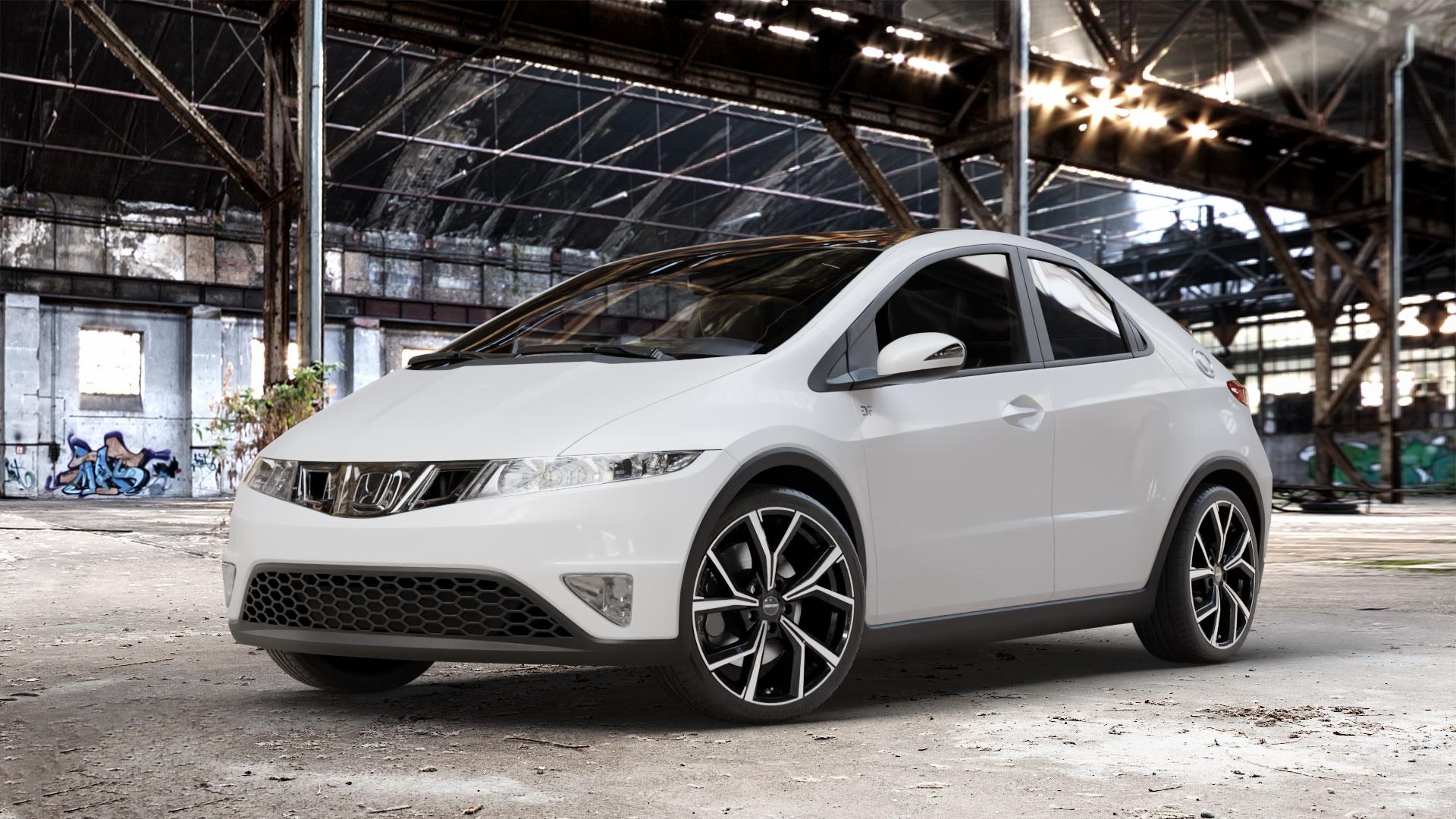 GMP Italia Mentor Black diamond Felge mit Reifen schwarz in 18Zoll Winterfelge Alufelge auf weissem Honda Civic 8 Fünftürer (FK) 1,4l V-Tec (FK1) 73kW (99 PS) ⬇️ mit 15mm Tieferlegung ⬇️ Old Industrial Hall_max_4400mm_2024 Frontansicht_1