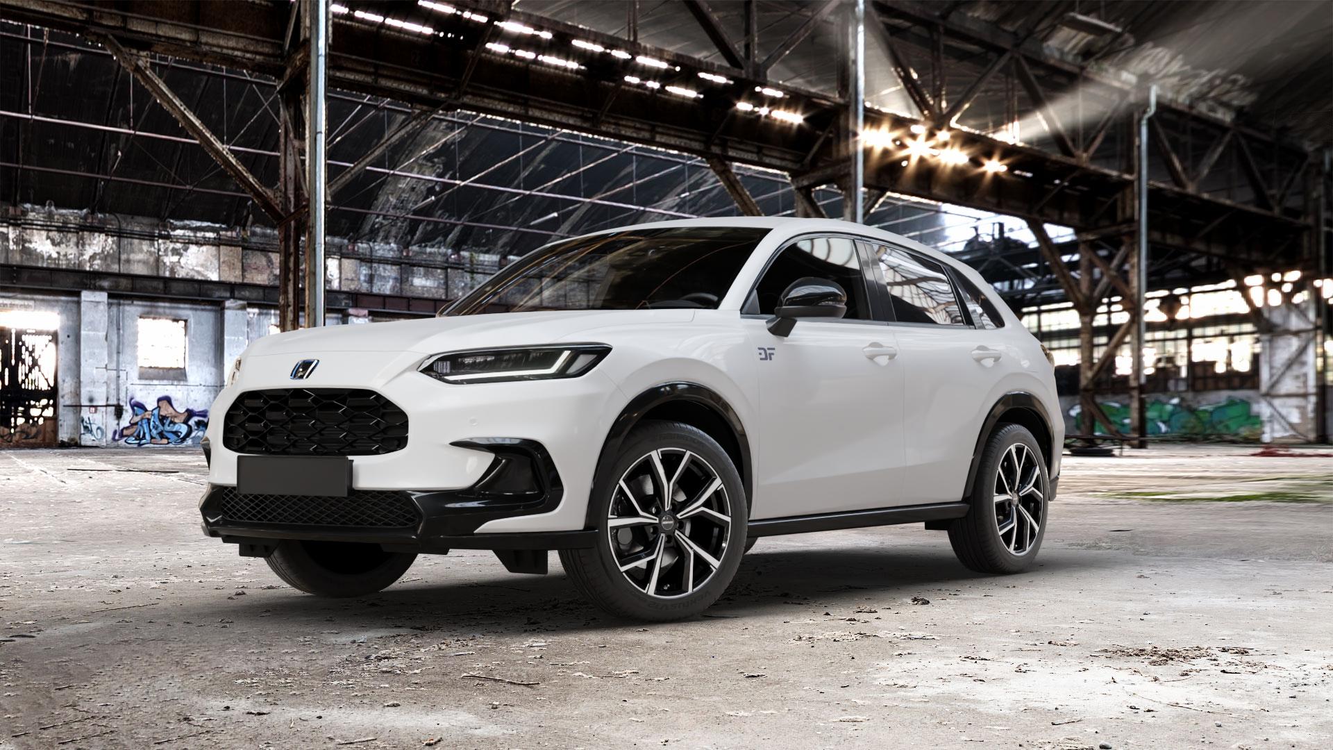 GMP Italia Mentor Black diamond Felge mit Reifen schwarz in 18Zoll Winterfelge Alufelge auf weissem Honda ZR-V Typ RZ ⬇️ mit 15mm Tieferlegung ⬇️ Old Industrial Hall_max_5300mm_2024 Frontansicht_1