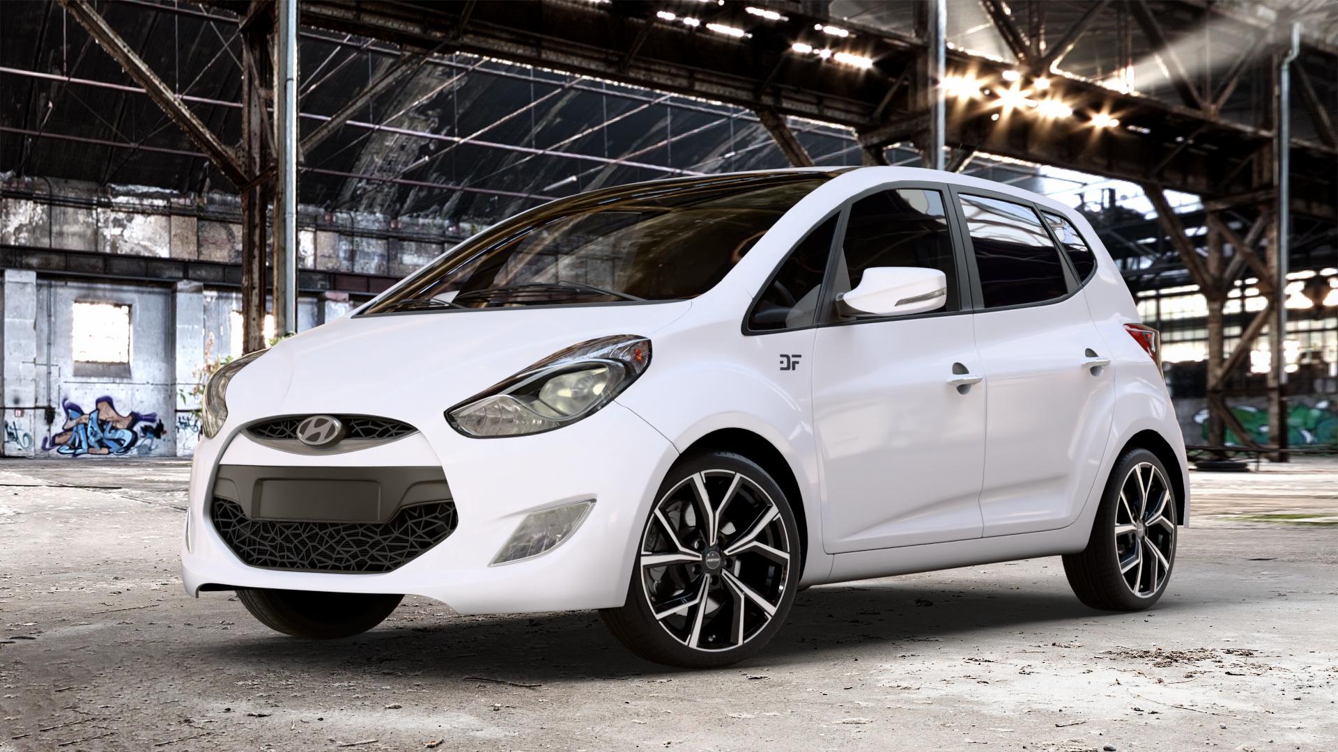 GMP Italia Mentor Black diamond Felge mit Reifen schwarz in 18Zoll Winterfelge Alufelge auf weissem Hyundai ix20 Typ JC ⬇️ mit 15mm Tieferlegung ⬇️ Old Industrial Hall_max_4400mm_2024 Frontansicht_1