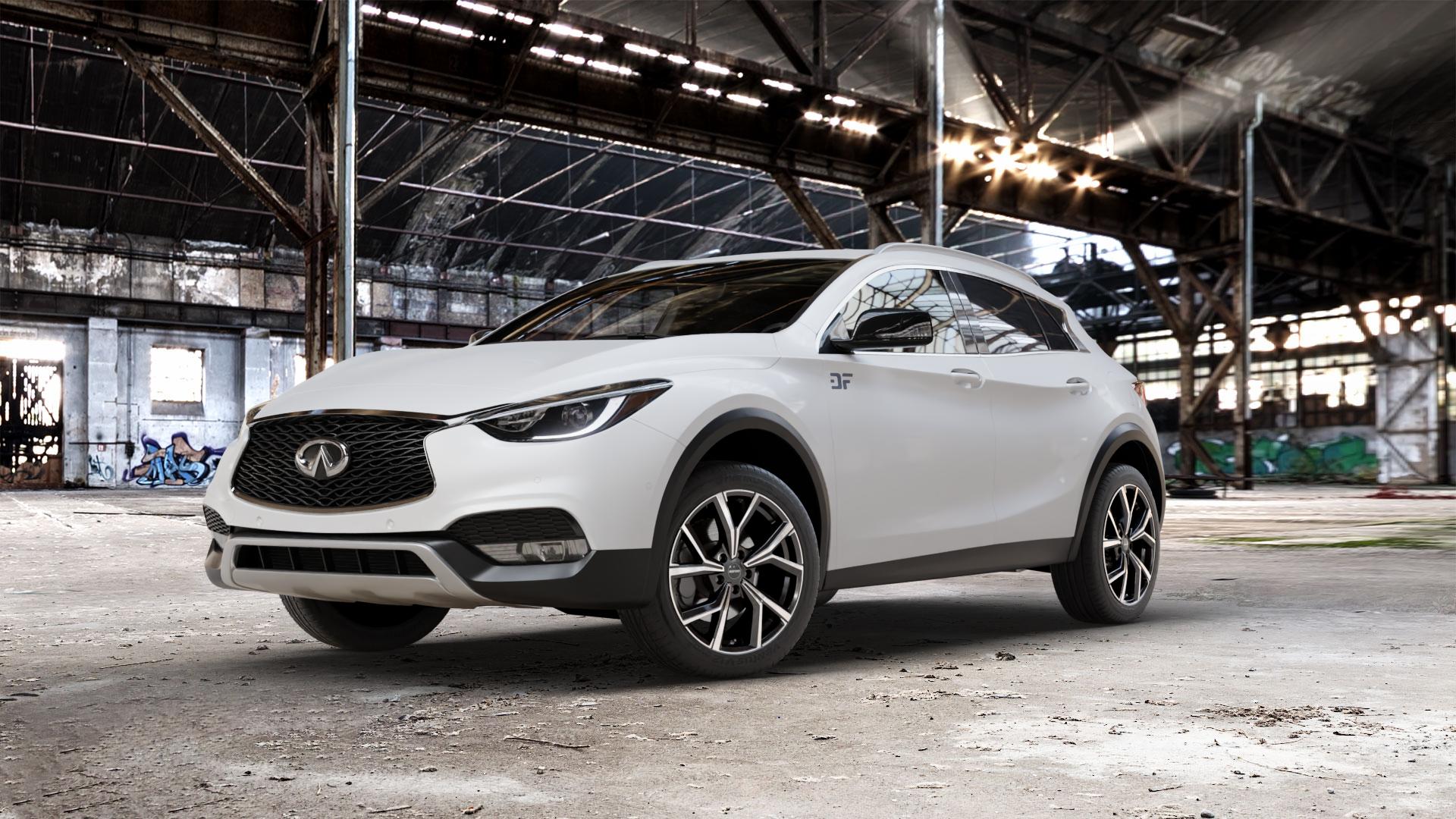 GMP Italia Mentor Black diamond Felge mit Reifen schwarz in 18Zoll Winterfelge Alufelge auf weissem Infiniti QX30 ⬇️ mit 15mm Tieferlegung ⬇️ Old Industrial Hall_max_5300mm_2024 Frontansicht_1