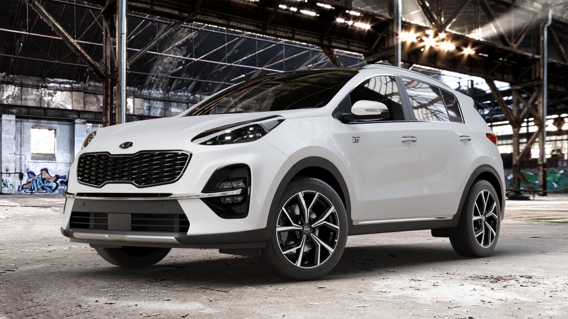 GMP Italia Mentor Black diamond Felge mit Reifen schwarz in 18Zoll Winterfelge Alufelge auf weissem Kia Sportage IV Typ QLE Facelift QL ⬇️ mit 15mm Tieferlegung ⬇️ Old Industrial Hall_max_4400mm_2024 Frontansicht_1