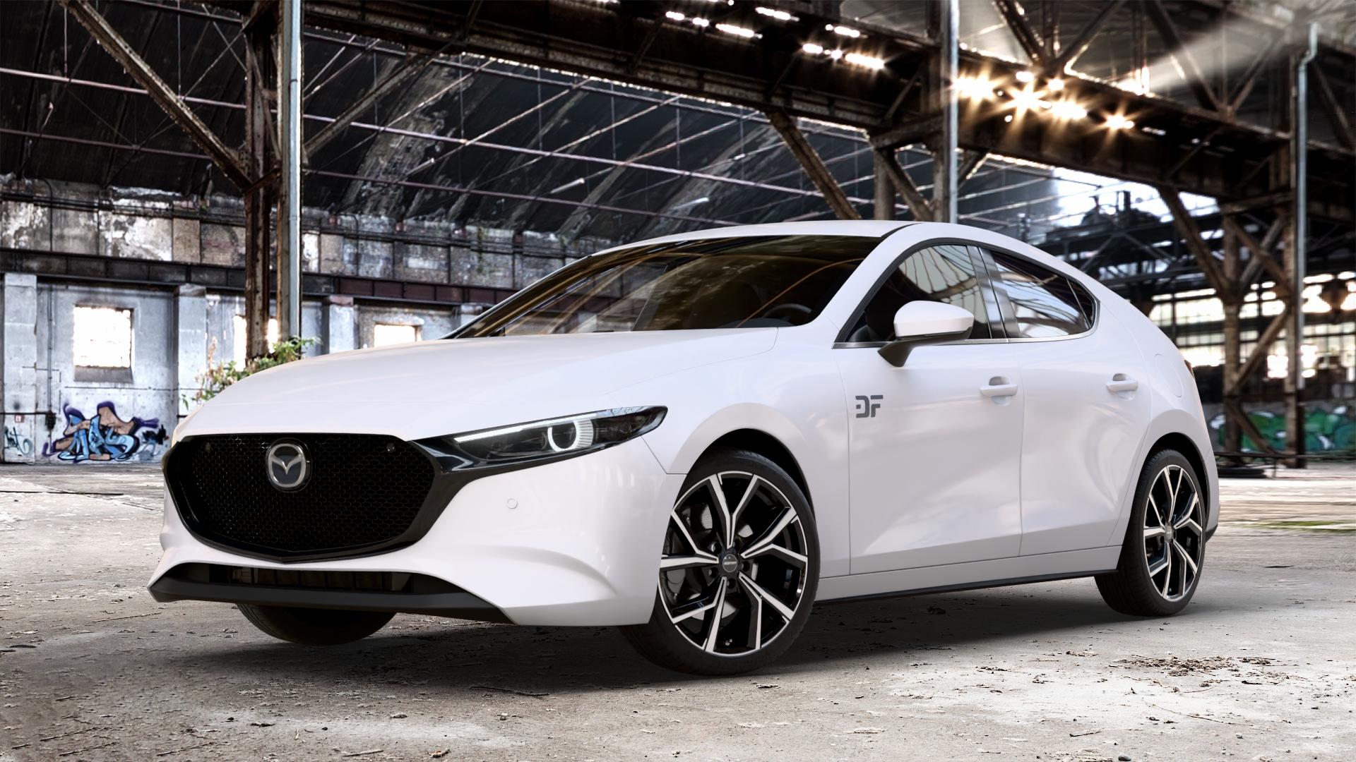 GMP Italia Mentor Black diamond Felge mit Reifen schwarz in 18Zoll Winterfelge Alufelge auf weissem Mazda 3 (19-) Fließheck (BP) (BPE) ⬇️ mit 15mm Tieferlegung ⬇️ Old Industrial Hall_max_4400mm_2024 Frontansicht_1