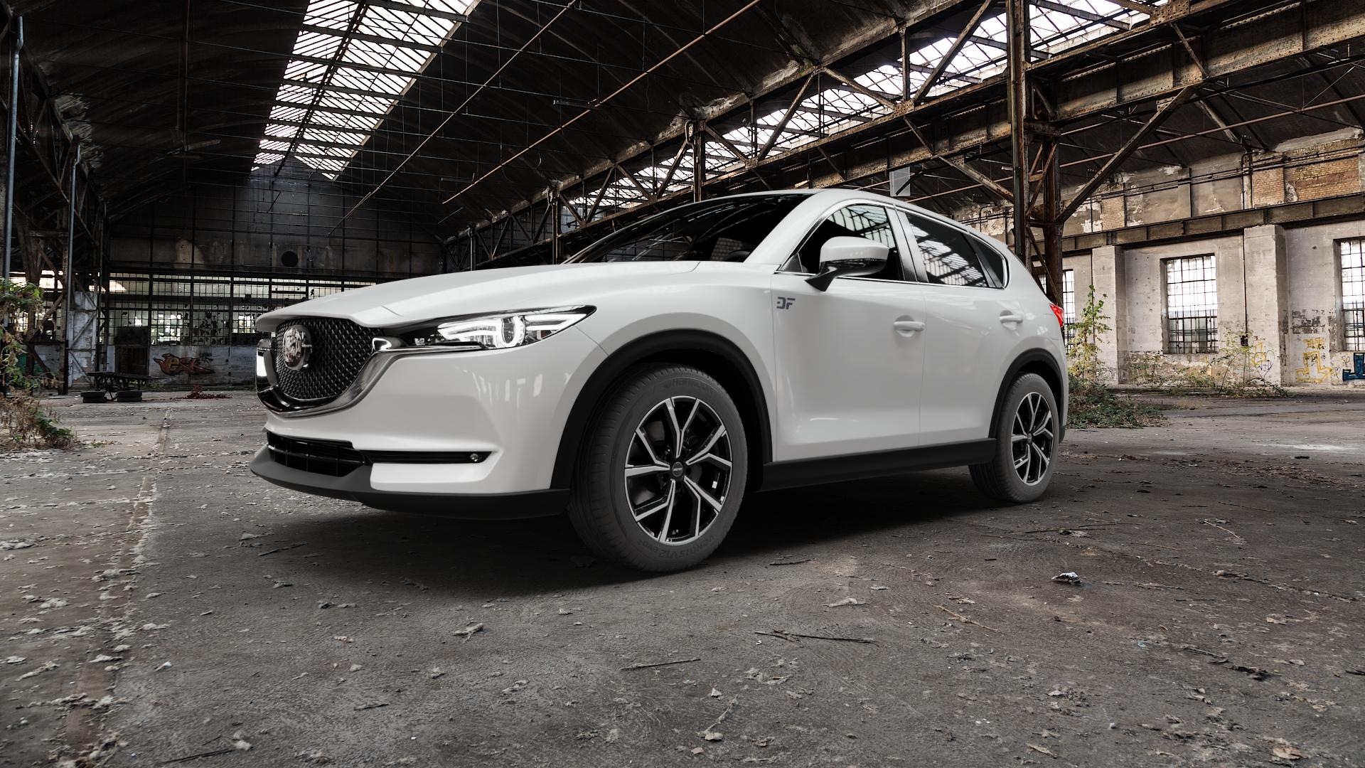 GMP Italia Mentor Black diamond Felge mit Reifen schwarz in 18Zoll Winterfelge Alufelge auf weissem Mazda CX-5 Typ KF ⬇️ mit 15mm Tieferlegung ⬇️ Old Industrial Hall_max5000mm_2022 Frontansicht_1