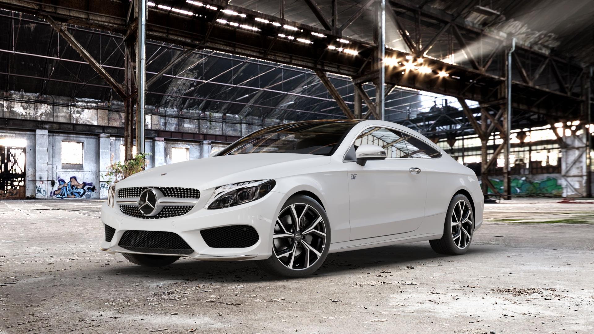 GMP Italia Mentor Black diamond Felge mit Reifen schwarz in 18Zoll Winterfelge Alufelge auf weissem Mercedes C-Klasse Typ C205 Coupe Facelift ⬇️ mit 15mm Tieferlegung ⬇️ Old Industrial Hall_max_5300mm_2024 Frontansicht_1