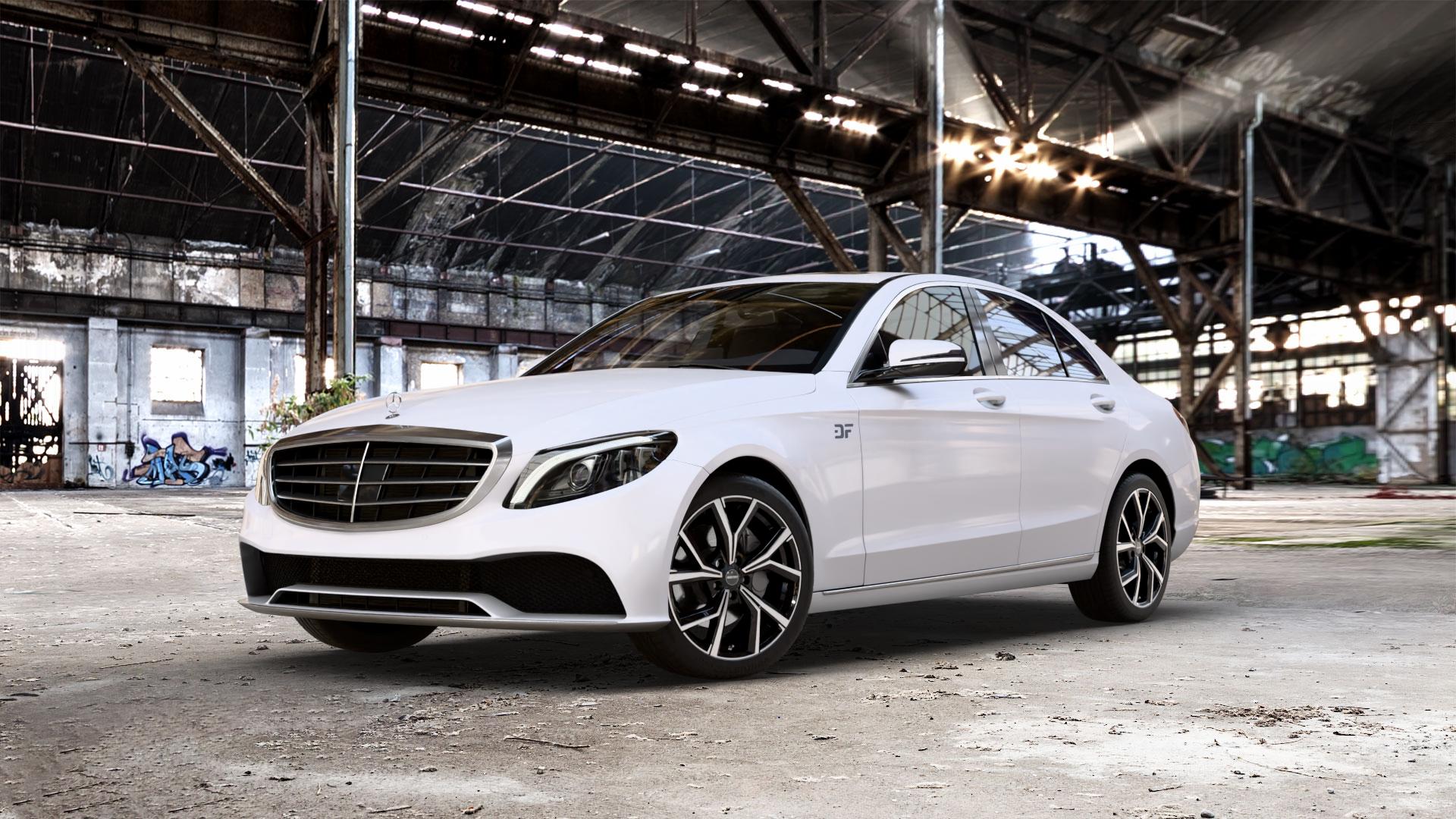 GMP Italia Mentor Black diamond Felge mit Reifen schwarz in 18Zoll Winterfelge Alufelge auf weissem Mercedes C-Klasse Typ W205 Limousine Facelift ⬇️ mit 15mm Tieferlegung ⬇️ Old Industrial Hall_max_5300mm_2024 Frontansicht_1