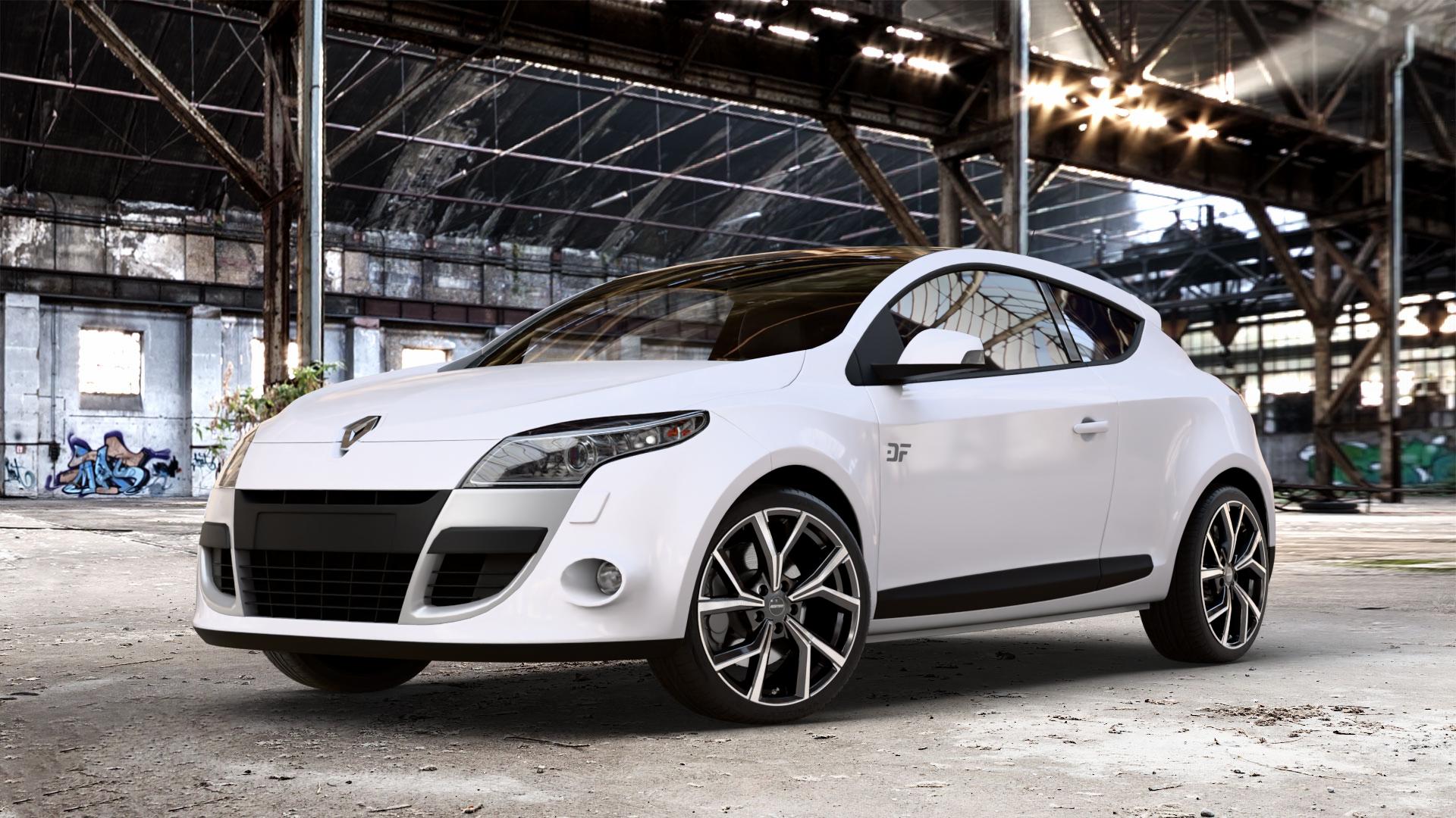 GMP Italia Mentor Black diamond Felge mit Reifen schwarz in 18Zoll Winterfelge Alufelge auf weissem Renault Megane III Coupé Typ Z ⬇️ mit 15mm Tieferlegung ⬇️ Old Industrial Hall_max_4400mm_2024 Frontansicht_1