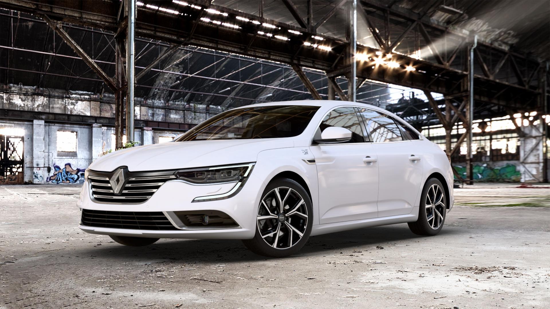 GMP Italia Mentor Black diamond Felge mit Reifen schwarz in 18Zoll Winterfelge Alufelge auf weissem Renault Talisman Typ RFD ⬇️ mit 15mm Tieferlegung ⬇️ Old Industrial Hall_max_5300mm_2024 Frontansicht_1