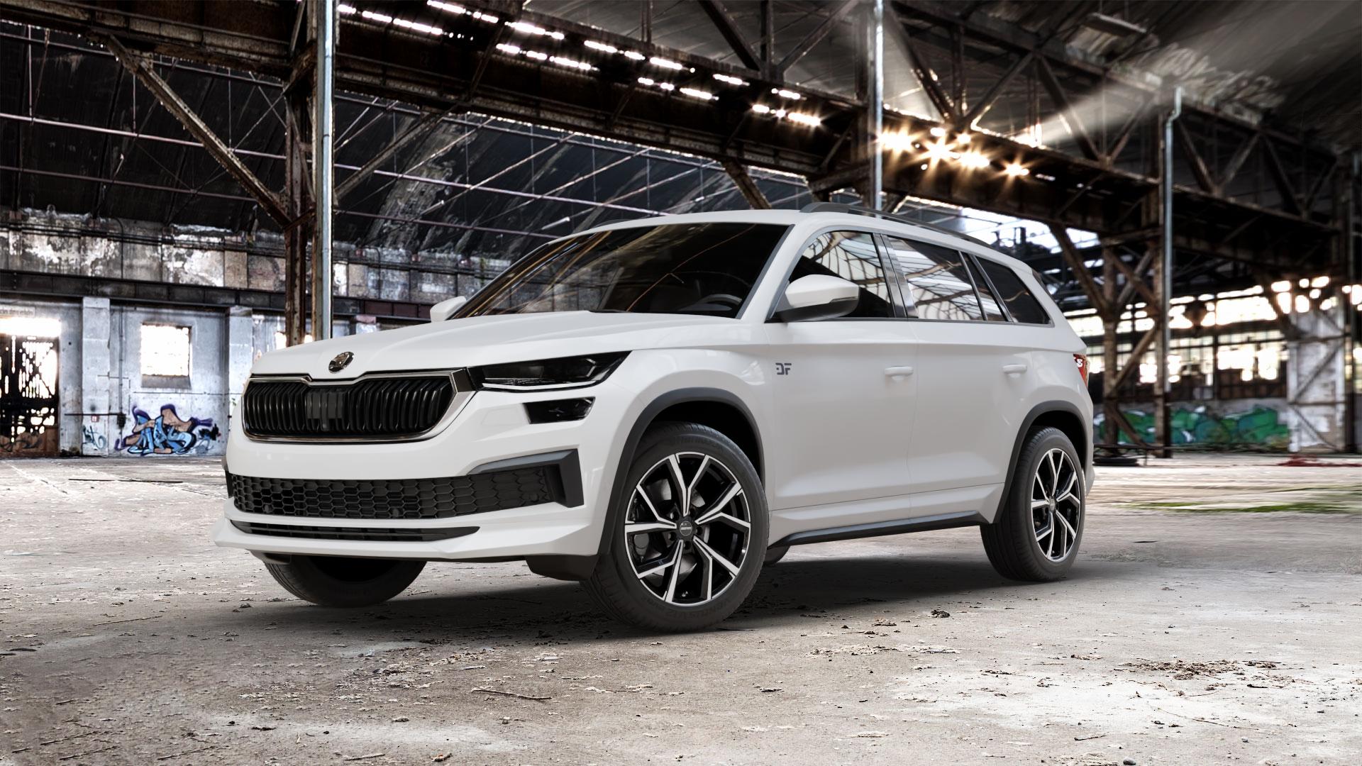 GMP Italia Mentor Black diamond Felge mit Reifen schwarz in 18Zoll Winterfelge Alufelge auf weissem Skoda Kodiaq Typ NS Facelift ⬇️ mit 15mm Tieferlegung ⬇️ Old Industrial Hall_max_5300mm_2024 Frontansicht_1