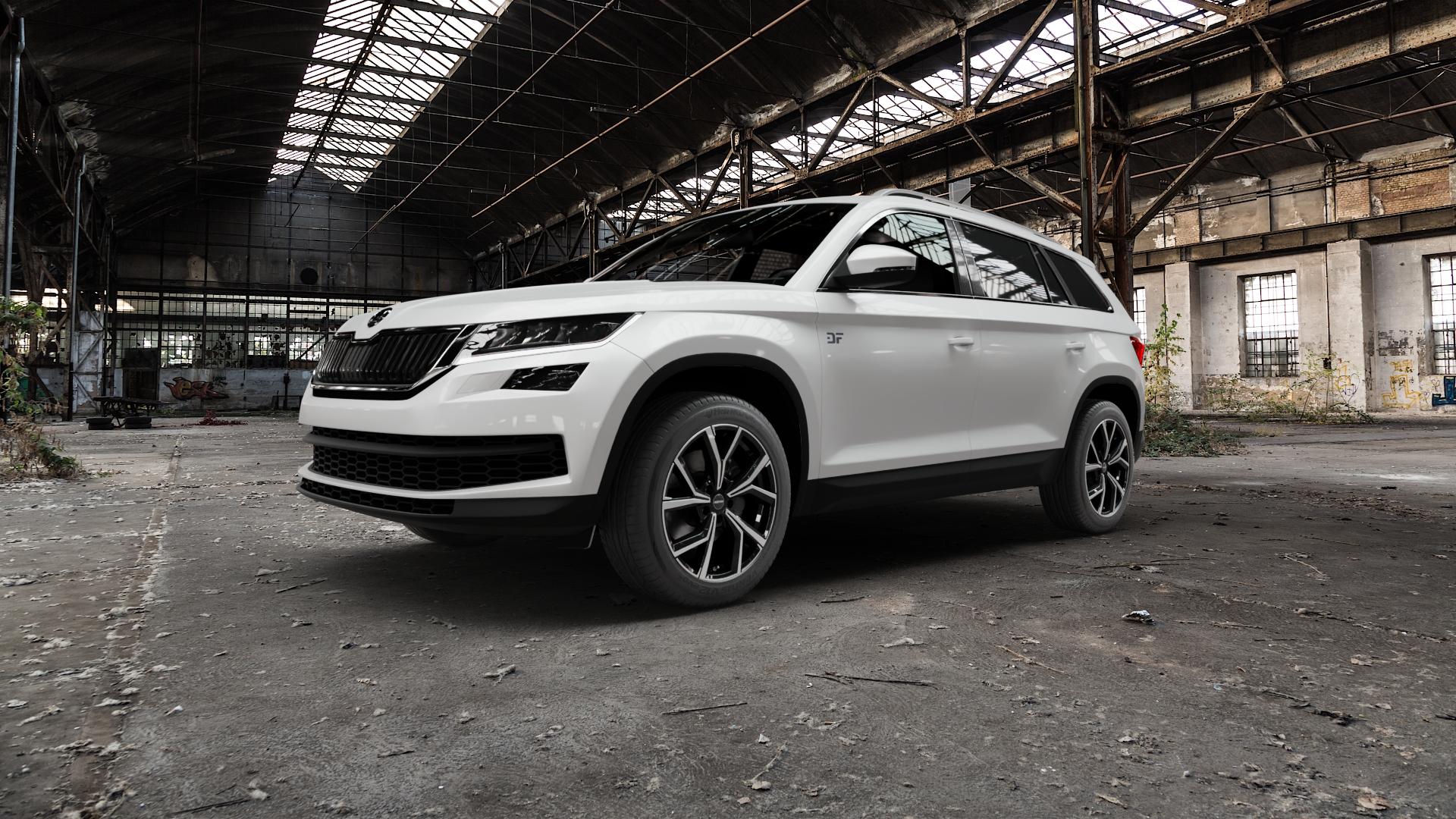 GMP Italia Mentor Black diamond Felge mit Reifen schwarz in 18Zoll Winterfelge Alufelge auf weissem Skoda Kodiaq Typ NS ⬇️ mit 15mm Tieferlegung ⬇️ Old Industrial Hall_max5000mm_2022 Frontansicht_1