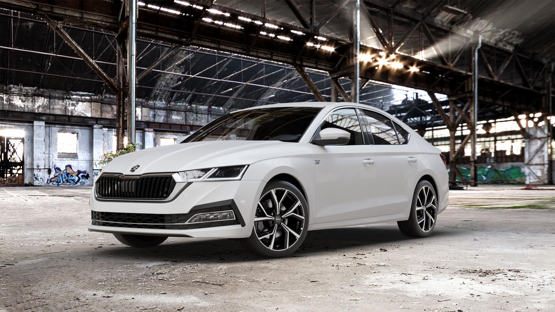GMP Italia Mentor Black diamond Felge mit Reifen schwarz in 18Zoll Winterfelge Alufelge auf weissem Skoda Octavia IV Limousine Typ NX 1,5l TSI 110kW (150 PS) 2,0l TDI 85kW (116 1,0l 81kW (110 Mild-Hybrid 1,4l Hybrid CNG 96kW (131 4x4 ⬇️ mit 15mm Tieferlegung ⬇️ Old Industrial Hall_max_5300mm_2024 Frontansicht_1