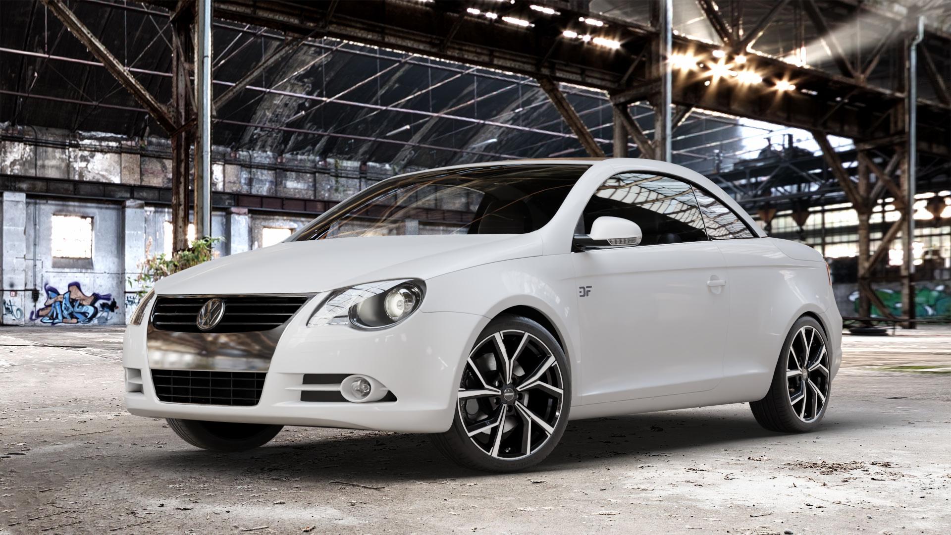 GMP Italia Mentor Black diamond Felge mit Reifen schwarz in 18Zoll Winterfelge Alufelge auf weissem Volkswagen (VW) Eos ⬇️ mit 15mm Tieferlegung ⬇️ Old Industrial Hall_max_4400mm_2024 Frontansicht_1