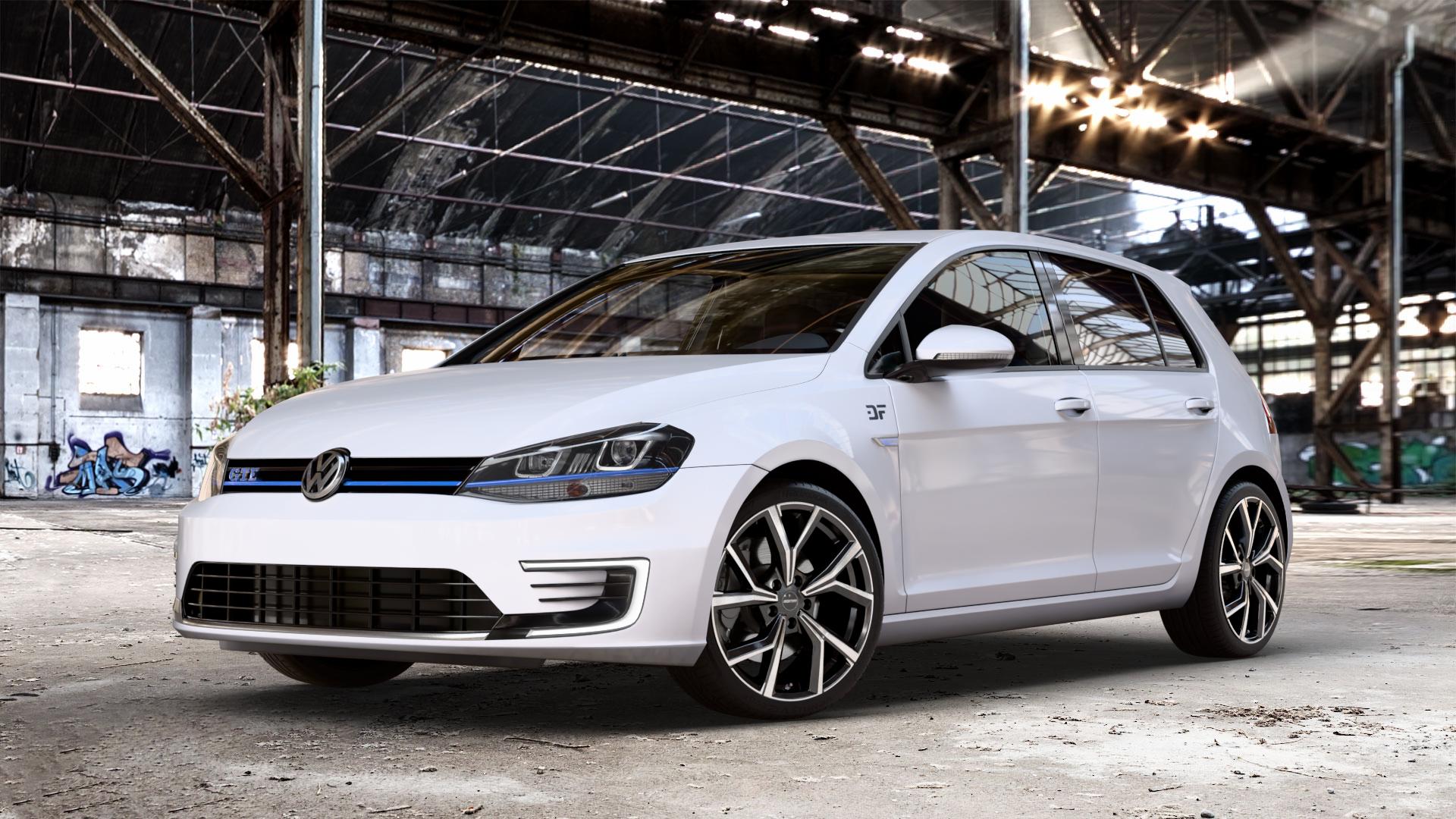 GMP Italia Mentor Black Diamond Felge mit Reifen schwarz in 18Zoll Winterfelge Alufelge auf weissem Volkswagen (VW) Golf 7 1,4l GTE Hybrid 110kW (150 PS) Facelift 0,0l e-Golf 100kW (136 ⬇️ mit 15mm Tieferlegung ⬇️ Old Industrial Hall_max_4400mm_2024 Frontansicht_1