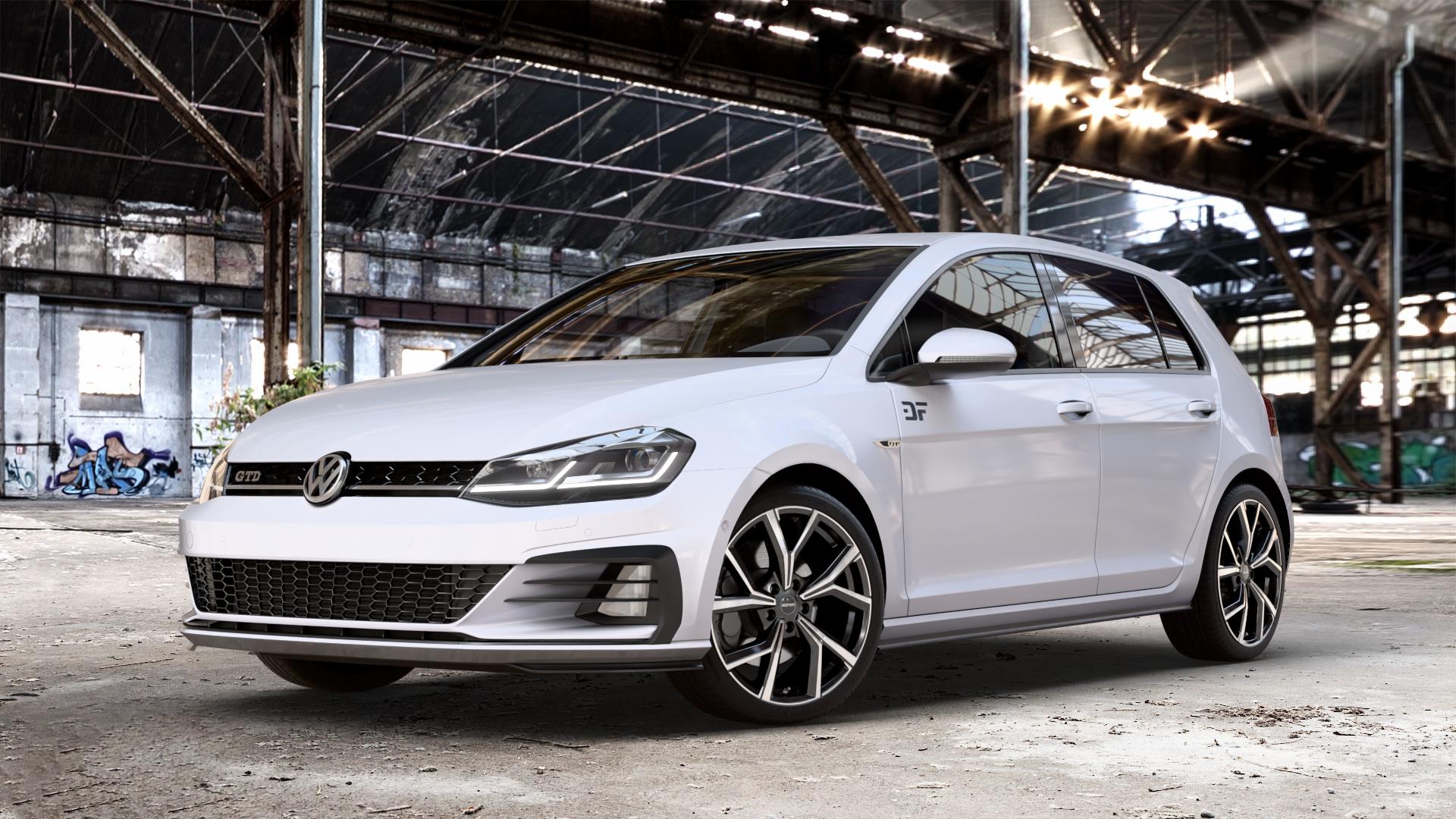 GMP Italia Mentor Black Diamond Felge mit Reifen schwarz in 18Zoll Winterfelge Alufelge auf weissem Volkswagen (VW) Golf 7 2,0l GTD 135kW (184 PS) Facelift ⬇️ mit 15mm Tieferlegung ⬇️ Old Industrial Hall_max_4400mm_2024 Frontansicht_1