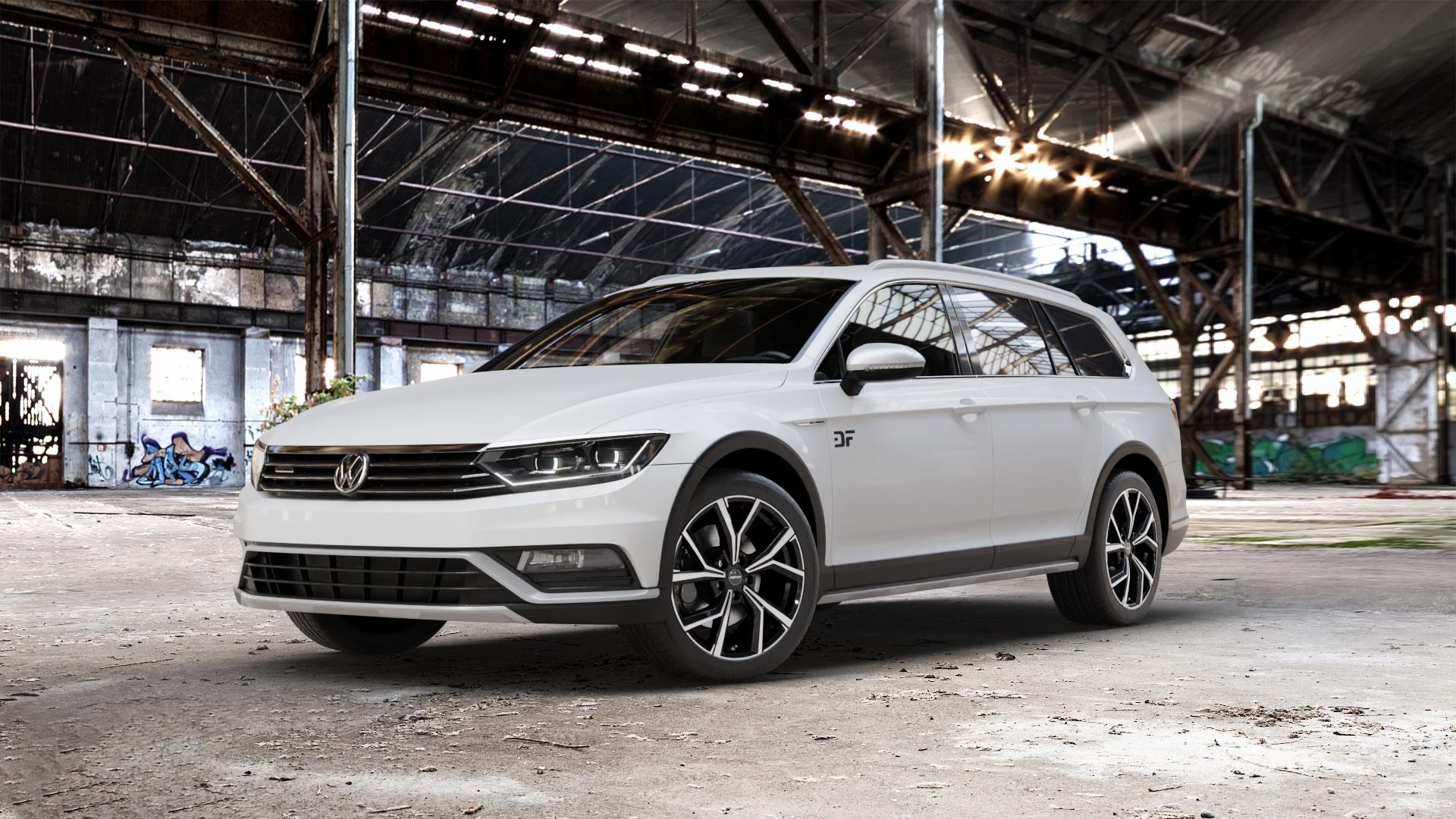 GMP Italia Mentor Black diamond Felge mit Reifen schwarz in 18Zoll Winterfelge Alufelge auf weissem Volkswagen (VW) Passat 3C/B8 Alltrack ⬇️ mit 15mm Tieferlegung ⬇️ Old Industrial Hall_max_5300mm_2024 Frontansicht_1