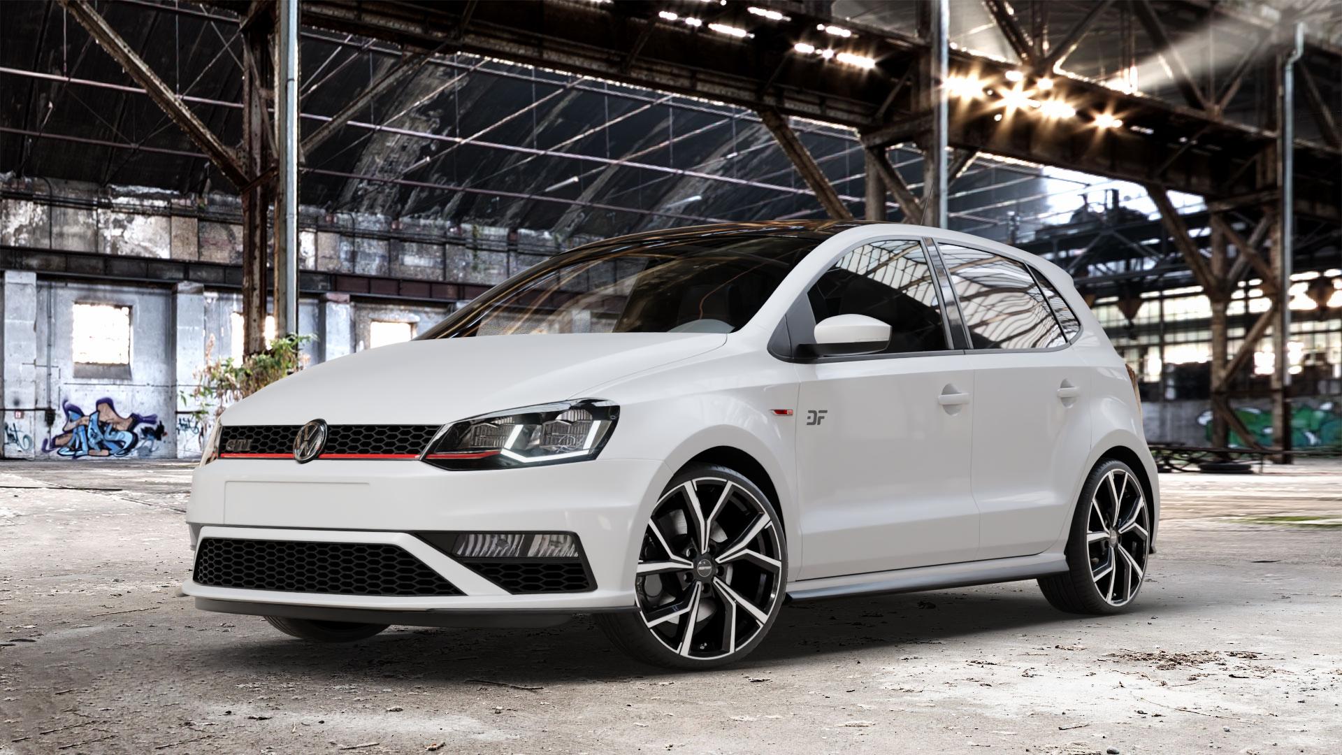 GMP Italia Mentor Black diamond Felge mit Reifen schwarz in 18Zoll Winterfelge Alufelge auf weissem Volkswagen (VW) Polo V Typ 6C 1,8l GTI 141kW (192 PS) ⬇️ mit 15mm Tieferlegung ⬇️ Old Industrial Hall_max_4400mm_2024 Frontansicht_1