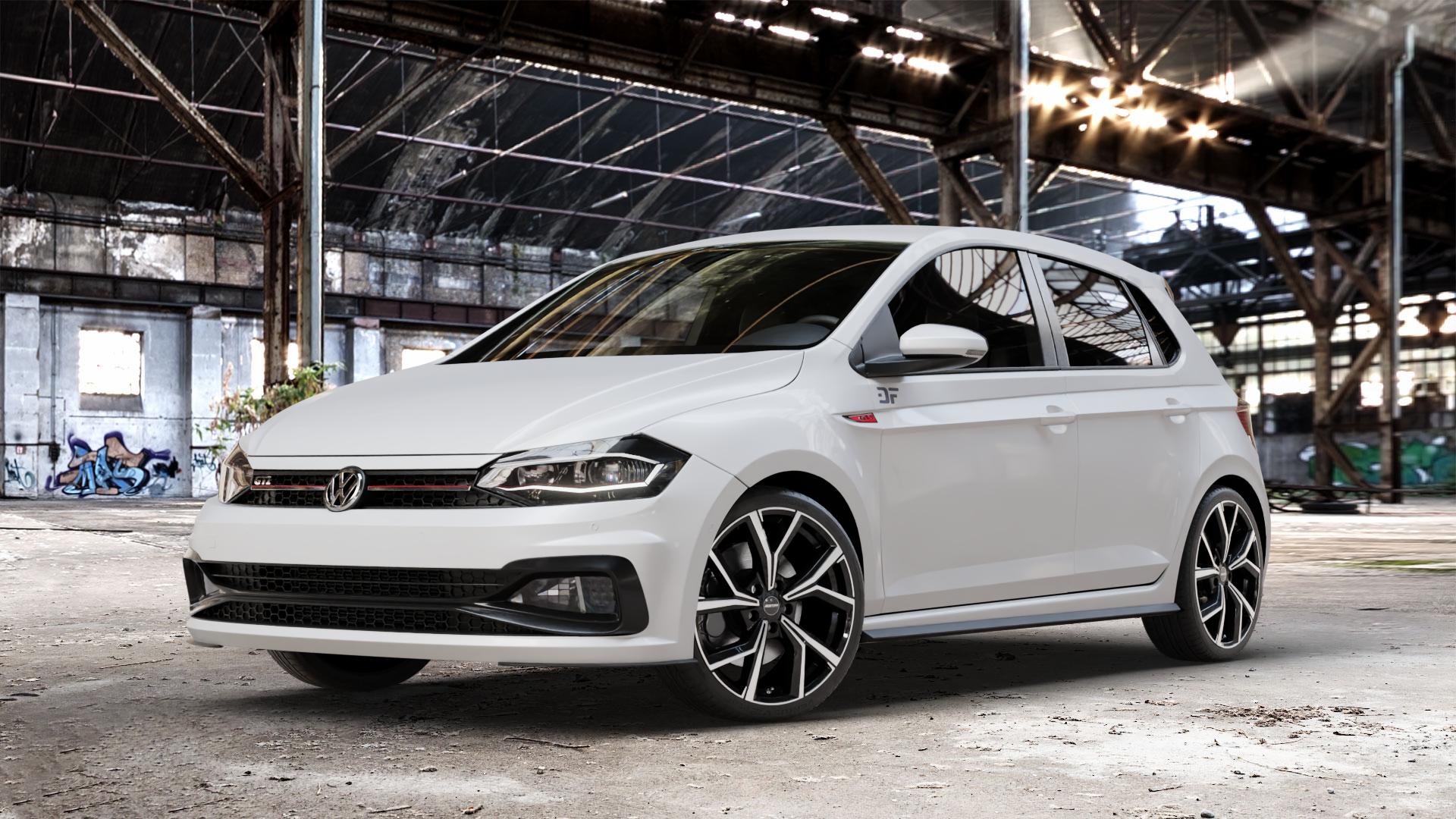 GMP Italia Mentor Black diamond Felge mit Reifen schwarz in 18Zoll Winterfelge Alufelge auf weissem Volkswagen (VW) Polo VI Typ AW 2,0l GTI 147kW (200 PS) ⬇️ mit 15mm Tieferlegung ⬇️ Old Industrial Hall_max_4400mm_2024 Frontansicht_1