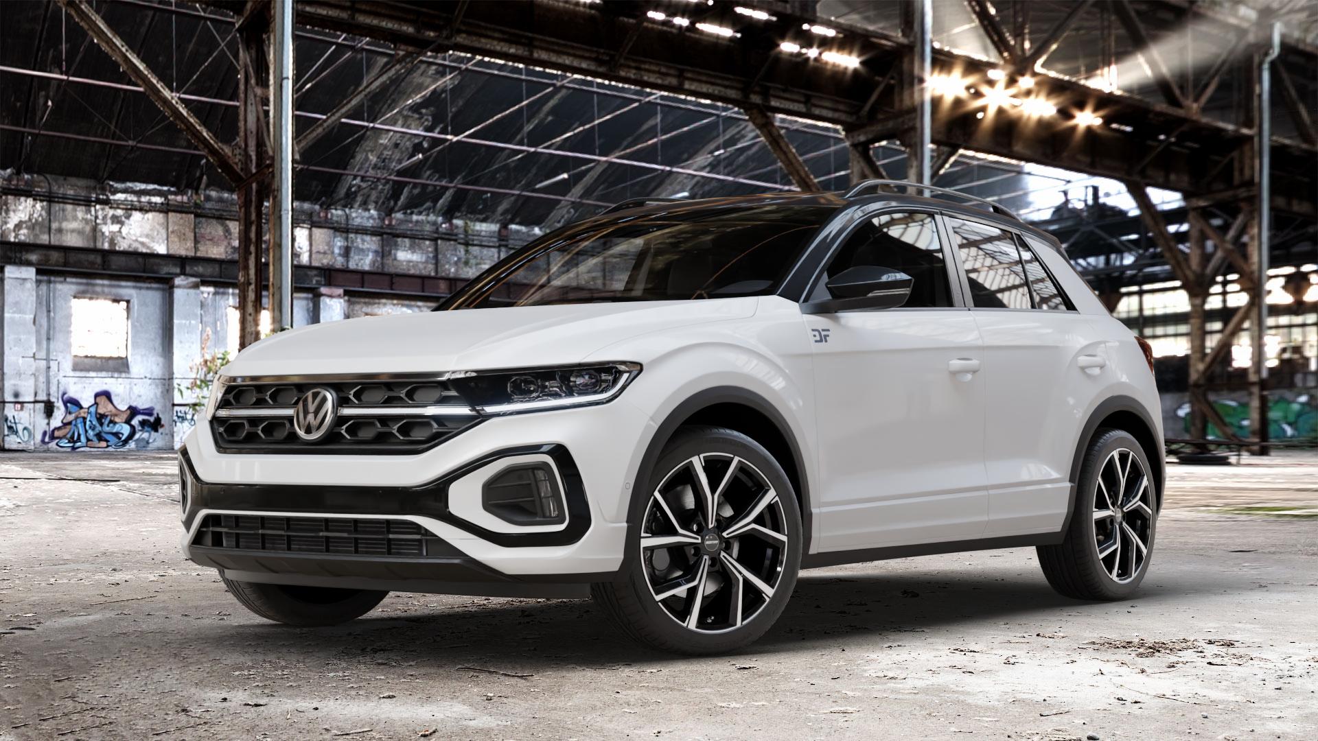 GMP Italia Mentor Black diamond Felge mit Reifen schwarz in 18Zoll Winterfelge Alufelge auf weissem Volkswagen (VW) T-Roc Facelift ⬇️ mit 15mm Tieferlegung ⬇️ Old Industrial Hall_max_4400mm_2024 Frontansicht_1